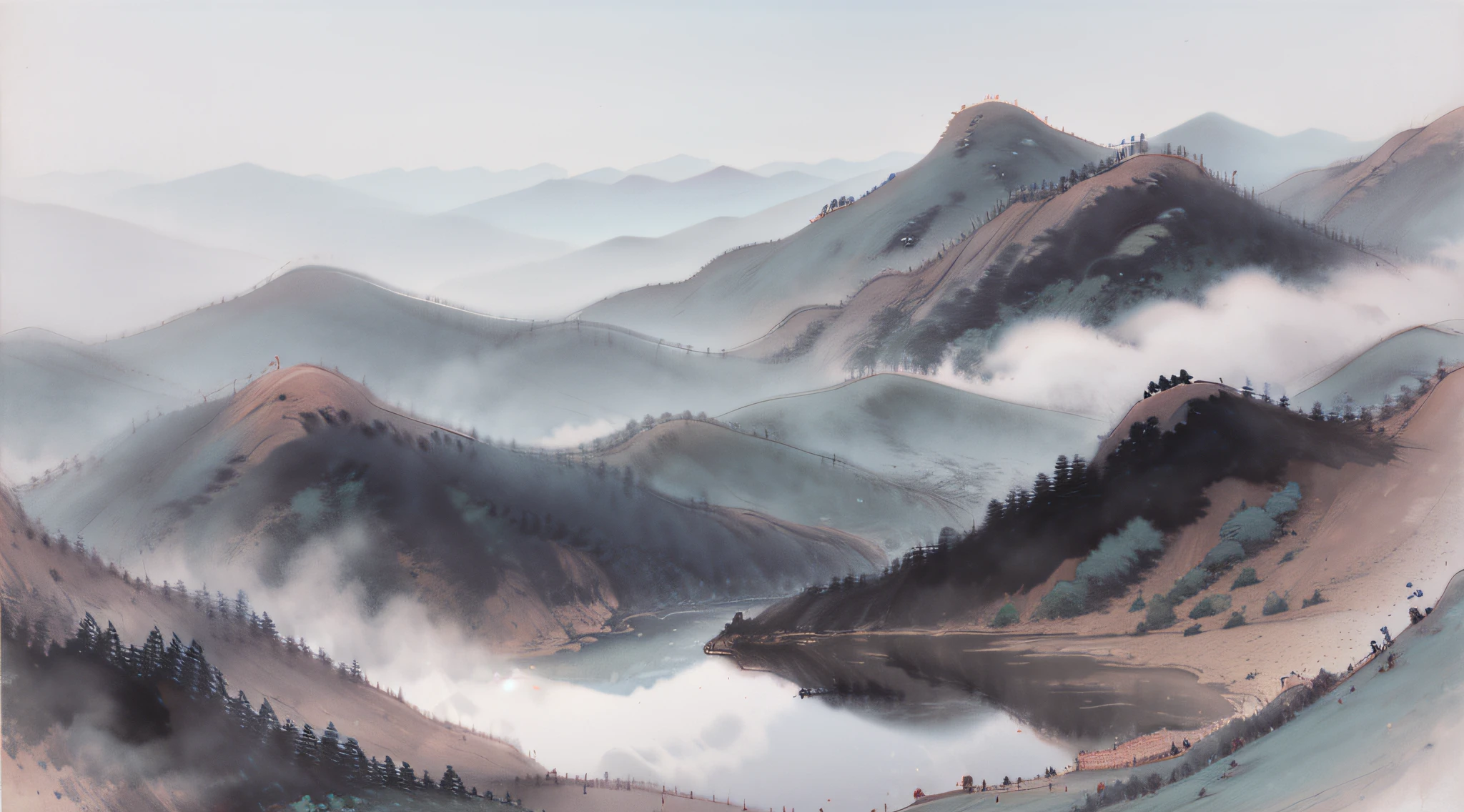 Best quality、tmasterpiece、best detail，mountain water，Green landscape painting，ultra-wide-angle，panorama distant view，horizon