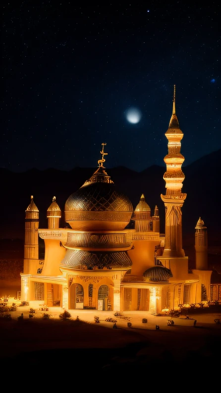 ((top Quority,8K,tmasterpiece:1.3))5 star hotel in the desert:60000 miniatures,3D equidistance,Arabic style,Realistic painting,cinematric light,Lunar soil,deep in the night,Magnificent