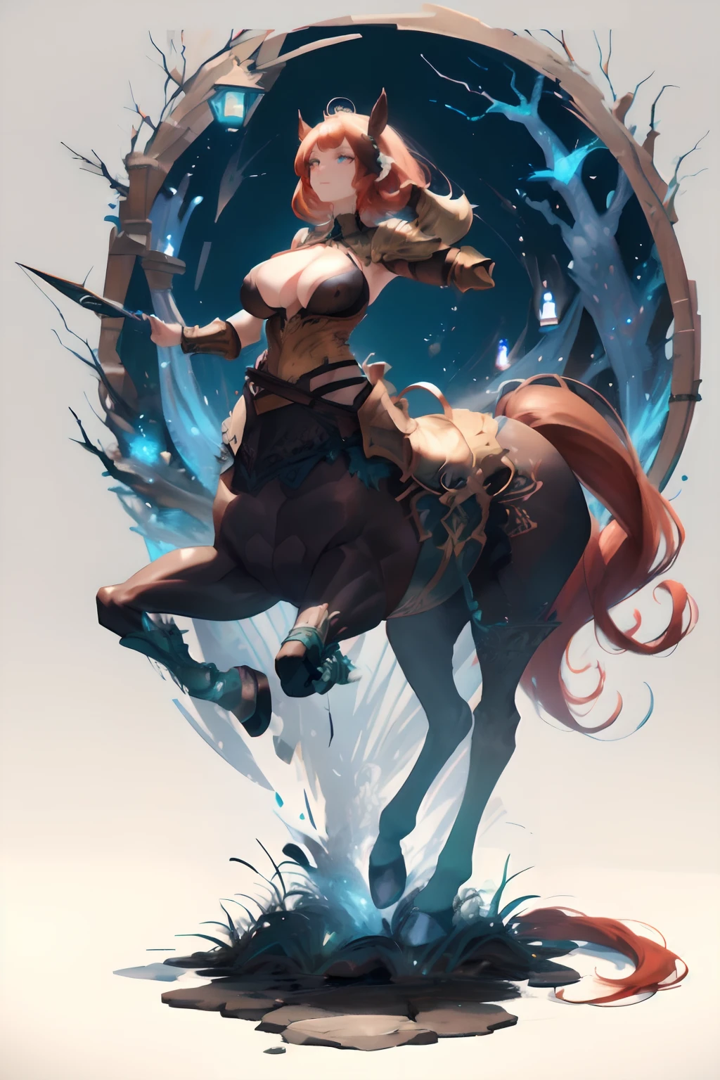 (masterpiece), (best quality:1.4), (perfect anatomy:1.4), high quality, expressive eyes, full body, 1girl, centaur girl, solo, detailed face, beautiful face, perfect face, detailed (ginger medium hair), detailed eyes, green eyes, (glistening skin:1.1), (lips open:0.3), looking at viewer, dynamic lighting, detailed, (masterpiece), breasts, {huge breasts}, serious, muscular, (fantasy lake background), horse ears, tail, horse tail, dynamic pose, (fantasy lake background), centaur, taur, curvy, armor, cuisses, shoulder armor, hand guard, belt,