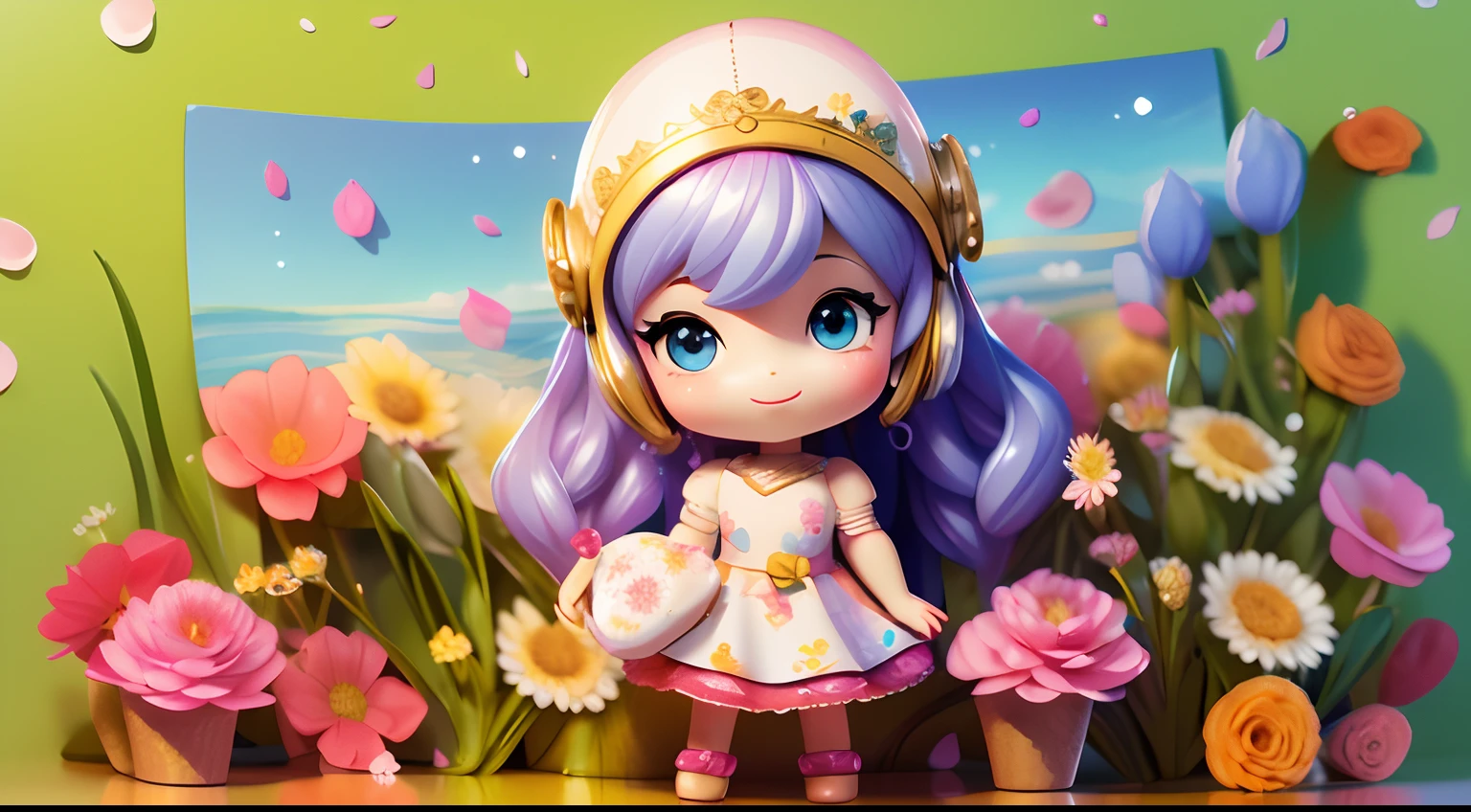 photoRealstic、Doll standing in front of the painting(nendroid)、A smile、Water droplets on the cheeks、For a cute pose、Sengai、pixiv、rokoko、dollfie dream、watercolor Nendoroid、(High Definition Figure)、Flowing iridescent silk、up of face、Eye Up、There are also flowers in front of the nendroids、flower petals、season!!: 夏天☀ 🍂