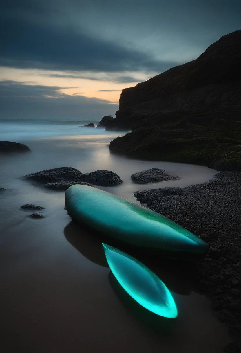 "Bioluminescent Serenity" - Sally Mann, Edward Weston, cinematic photo, beach, wetsuit, neon material, bioluminescent algae, surfboard, holographic waves, 35mm photograph, bokeh, professional, 4k, highly detailed, luminous, tranquil, intimate, enchanting, natural beauty, poetic.