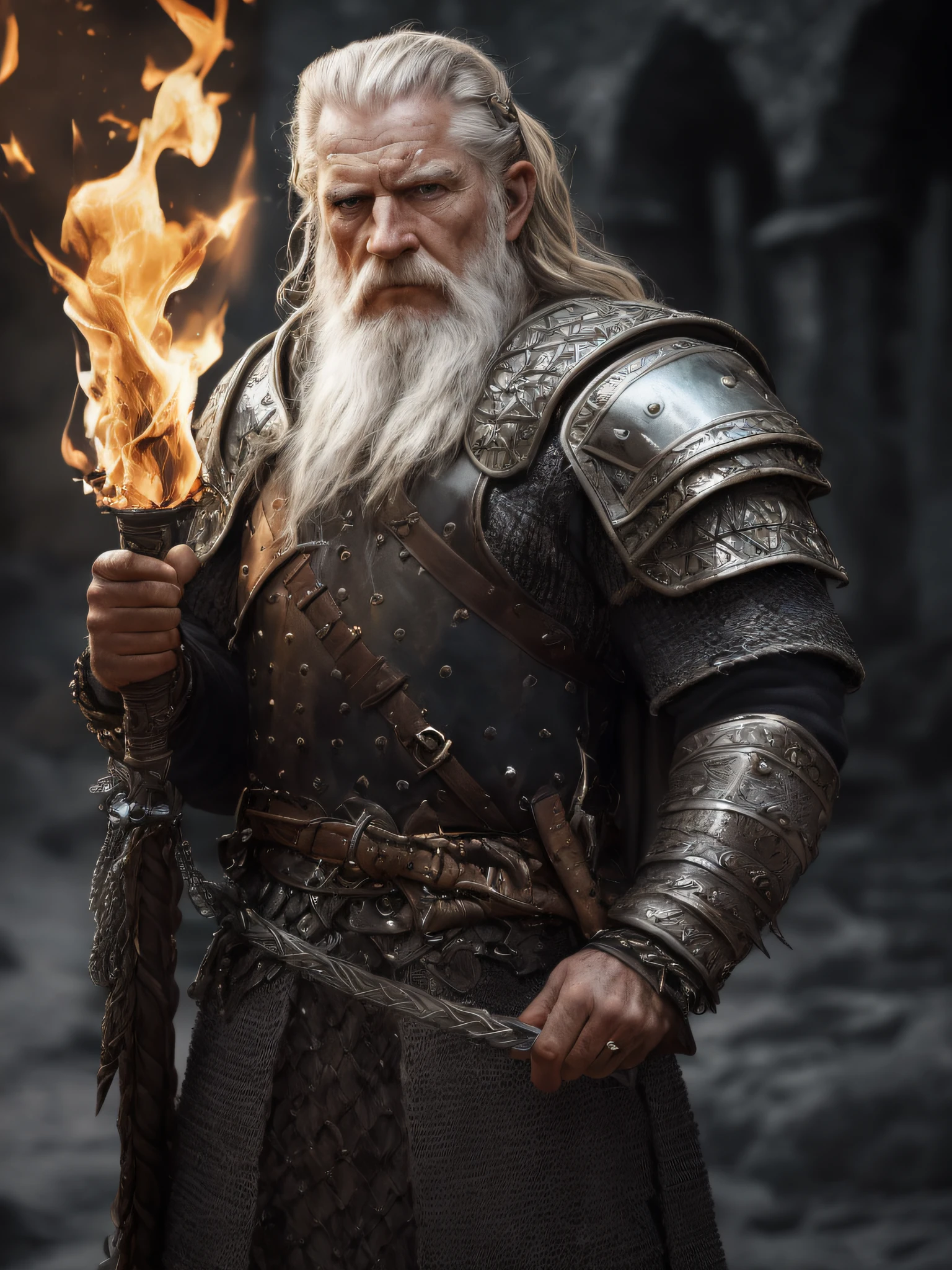 (Highest quality:1.3), cinematic shot, masterpiece, (sharp focus:1.5), (photorealistic:1.3), medium portrait of (a weary-looking but still proud and fierce-looking old Viking warrior, now the leader of his village, dressed in elaborately detailed chain mail and leather armour, a few torches burn on the walls, giving the scene a dark atmosphere but sculpting the forms in sharp chiaroscuro), it is night time, (highly detailed skin), (detailed face), detailed background, dark lighting, twilight lighting, volumetric lighting, intricate details, UHD,