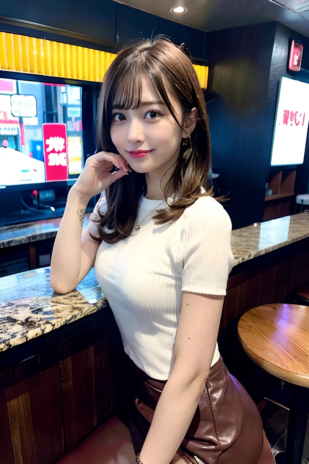 1 ultra cute japanese girl, short hair, part-time job at a bar,detailed face, ultra detailed eyes, incredible beautiful eyes, symmetry dropped eyes, no makeup, big smile, open mouth, best quality, 4k, 8k, highres, masterpiece, ultra-detailed, realistic, photorealistic, photo-realistic, HDR, UHD, studio lighting, ultra-fine painting, sharp focus, physically-based rendering, extreme detail description, professional, vivid colors, bokeh