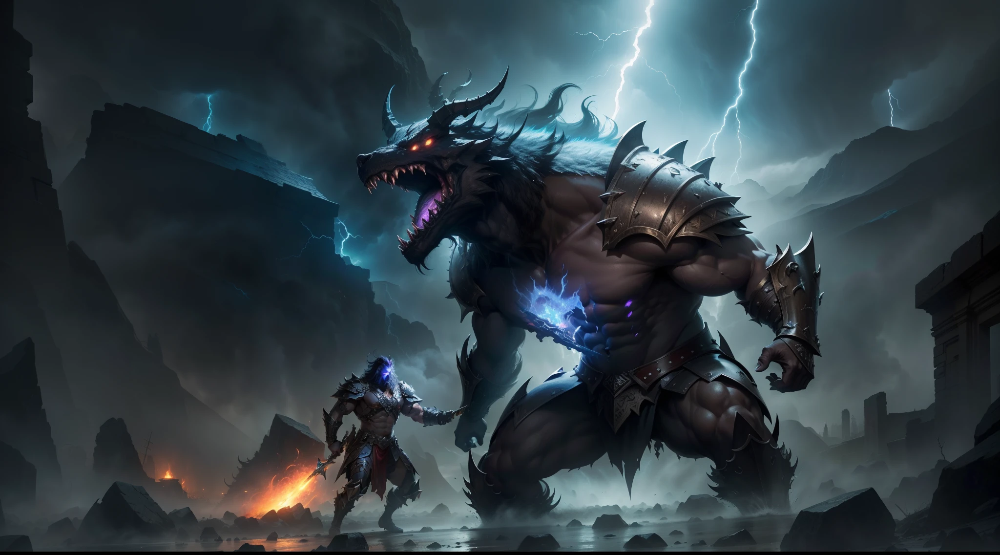 (best quality,4k,8k,highres,masterpiece:1.2),ultra-detailed,(realistic,photorealistic,photo-realistic:1.37),perseu facing monsters,heroic pose,medieval armor,glowing sword and shield,fierce expression,ancient ruins in the background,dramatic lighting,strong contrast of light and shadow,illustration,hyper-realistic monsters,terrifying teeth and claws,monsters' eyes emitting a sinister glow,intense battle scene,dynamic motion,explosive energy,surrounded by mist and smoke,ominous atmosphere,epic fantasy artwork,rich and vibrant colors,heavy rain and lightning in the background,Powerful thunderbolts illuminating the scene,majestic composition.