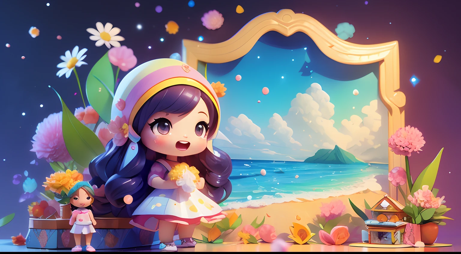 photoRealstic、Doll standing in front of the painting、swim wears、laugh face、Water droplets on the cheeks、Take an outstretched pose、Sengai、pixiv、rokoko、dollfie dream、watercolor Nendoroid、(High Definition Figure)、Flowing iridescent silk、nendroid、up of face、There are also flowers in front of the nendroids、Morning glory petals、season!!: 夏☀ 🍂 朝顔