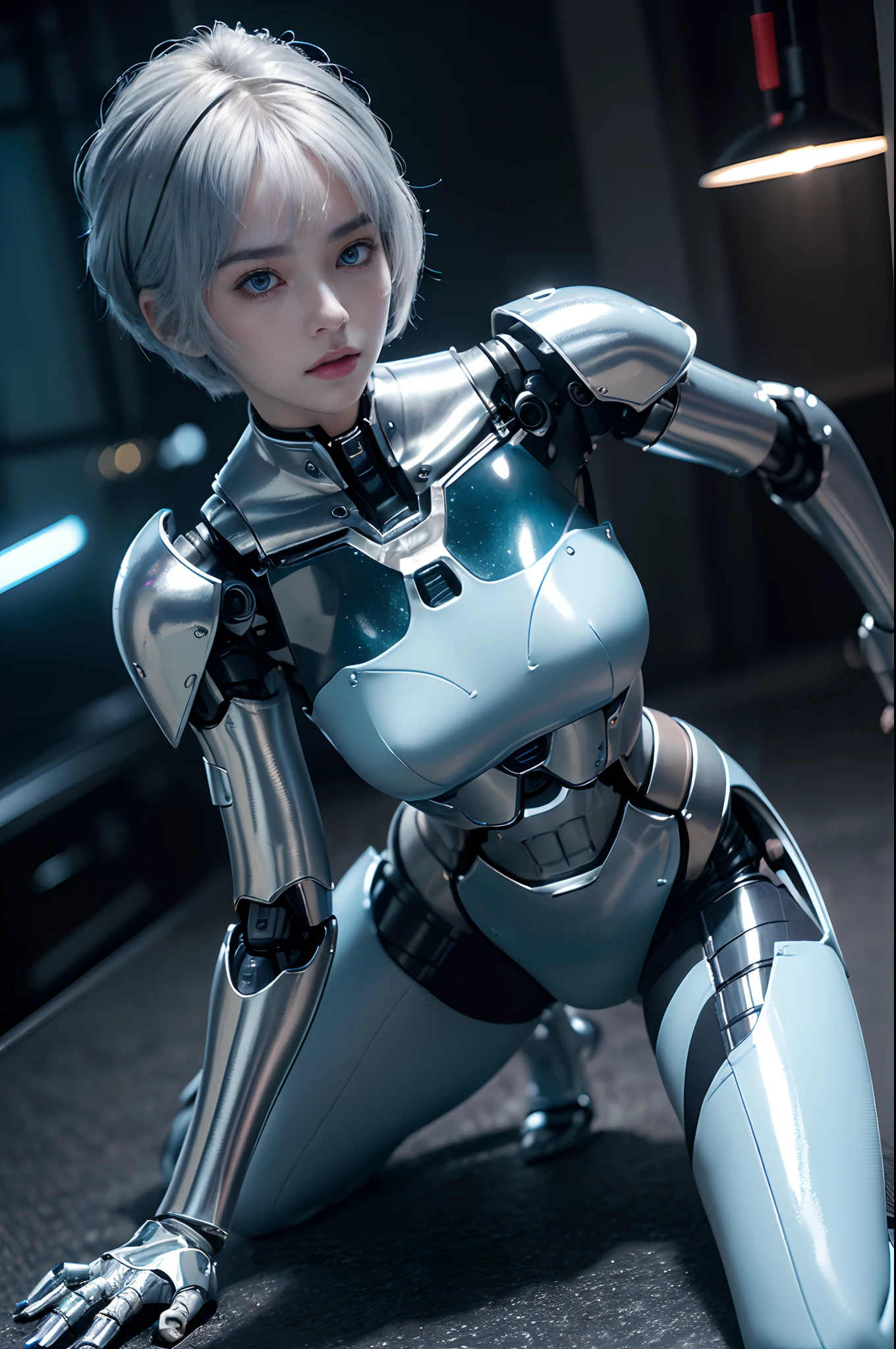 the best ever、8K,(((full body Esbian)))、(((The sheen)))、(((metalic)))、(((Very glossy mirror surface、Full body armor without very hard iron logo)))、(((cyberpunked)))、The cute beauty of the mecha(Best Quality, Detailed details, masutepiece, , Chiaroscuro,(Very well-shaped medium milk,,,,,,,,,、Bust photos are ultra-realistic and realistic), Highly detailed Hasselblad photos )、(((Beautiful and shining natural eyes)))、(((Highly photorealistic human beings)))、(Perfectly round pupils)、(((The details of the iris of the pupil are very amazing)))、(((Shining eyes)))、(((accurate fingers)))、(((Limbs without breakdowns)))、(((The face of a Caucasian girl)))、(((Details of the very white skin of one Caucasian girl)))、Naturally closed mouth 、Staring eyes、(((eyesight)))、(((a baby face))inine face is very cute、Feminine body、(((Caucasian High Nose)))、a small face、soft cheeks、(((Looking at the camera)))、Naturally closed mouth、Balanced face、(((drooing eyes)))、(((Not a crushing eye)))、(((Human-like Caucasian female body shape)))、(((Slightly longer arms)))、(rather long torso)、(((Pretty big hands)))、リアルhuman face、(((Glowing blue light blue silver hair)))、(((Cool and cute short-cut hair)))、(((The background is the future)))、(((8 Head Body)))、(((Luminescent purple eyes)))、(((Light Blue Silver Eyebrows)))、(((of very thin eyebrows)))、(((Looking here)))、(((Gentle face)))、(((Background Mecha)))、Blade Runner city background、(((RoboCop)))、Ghost in the Shell、tron、(((Night background)))、(((No makeup)))、(((Hollywood Science Fiction Movie Lighting))、(((Detroit in 5000 AD)))、Height 164cm、Leg length 82cm、the length of the head is 21 cm、,Very subtlyXan legs、(((Cool shooting)))、(((Cool pose)))、(evangerion)、((Rei Ayanami))、(((murky)))、Combat readiness、Preparing for a combat pose、(((cyborgs)))、(((Artificial human)))、(((No overexposure)))、(((nffsw)))、(Natural roughness, Ultra-fine 35mm film),((Gentle eyes))、(((Very elaborate high hardness iron bikini armor without logo)))、(((No logo)))、(((