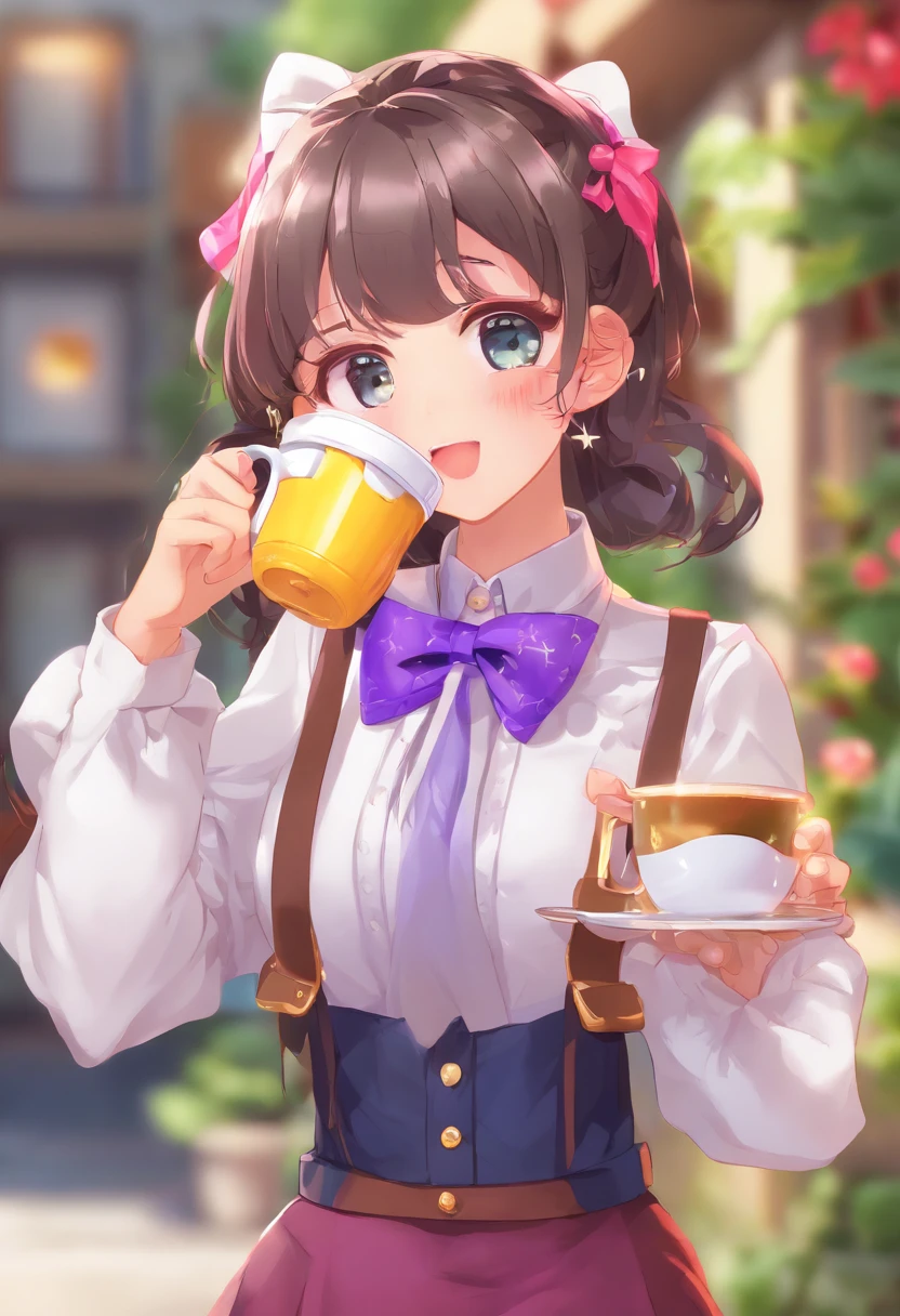 ((((ultra illustrated style:1.0)))),best quality,best animated,masterpiece,,ray tracing, global illumination,1girl, solo,upper body, looking at viewer,cafe, twintails,open mouth,rabbit house uniform,smile, collared shirt, shirt, white shirt, purple vest, purple bow, bow, vest, hair ornament, hairclip, long sleeves, purple bowtie, bowtie, wing collar, buttons, Holding a cup of coffee in hand,