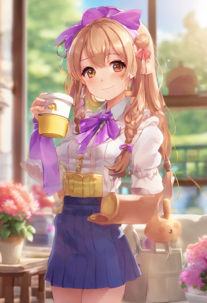 ((((ultra illustrated style:1.0)))),best quality,best animated,masterpiece,,ray tracing, global illumination,1girl, solo,upper body, looking at viewer,cafe, twintails,open mouth,rabbit house uniform,smile, collared shirt, shirt, white shirt, purple vest, purple bow, bow, vest, hair ornament, hairclip, long sleeves, purple bowtie, bowtie, wing collar, buttons, Holding a cup of coffee in hand,