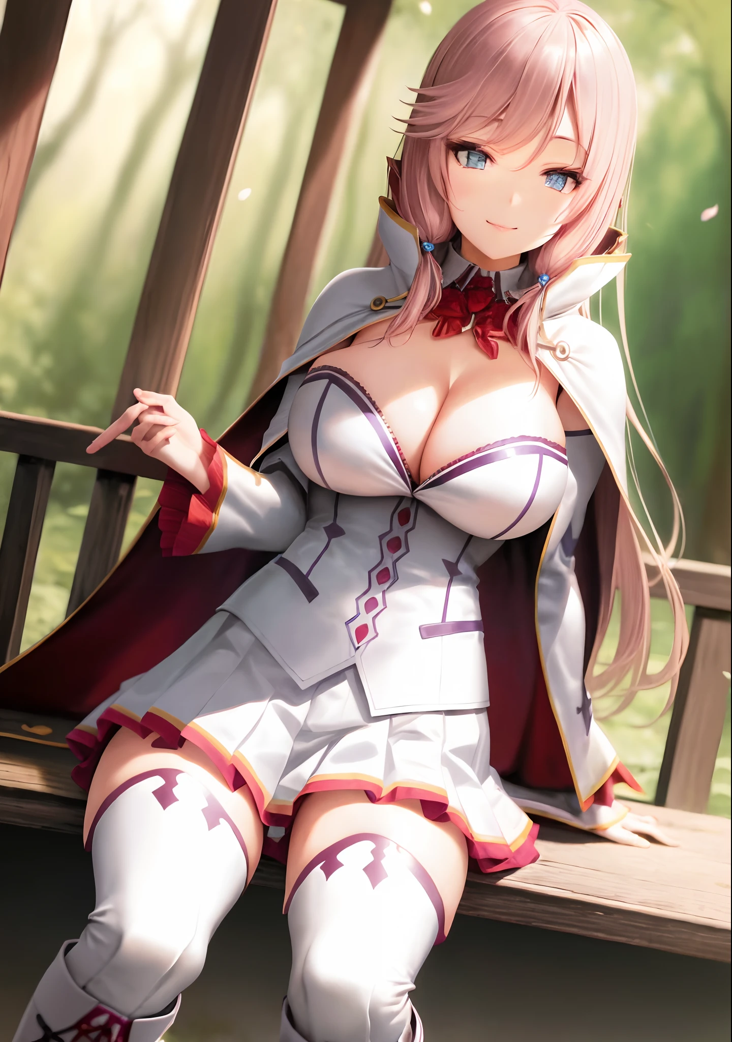 masterpiece, best quality, ultra-detailed, beautiful detailed eyes, extremely detailed eyes and face, 1girl, flarejioral, sidelocks, cleavage, cape, long sleeves, white skirt, pleated skirt, white thighhighs, boots, white footwear, cross-laced footwear, knee boots, ((large breasts)),sitting crossing leg, looking at viewer, smiling, forest, cowboy shot,