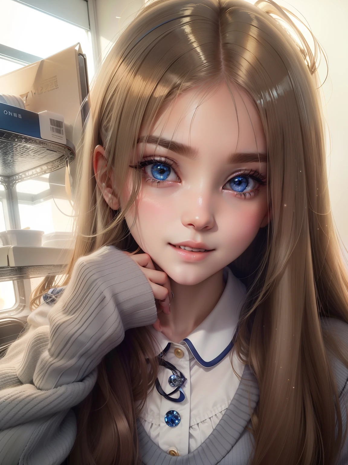 porate、School uniforms、bright expression、poneyTail、young and shiny white shiny skin、Cheek highlights、Best Looks、Crystal clear blonde hair,Shining highlights、Shiny light hair,、Super long silky straight hair、Beautiful bangs that shine、Big blue eyes like sparkling jewelry、Very nice cute cute 17 year old girl、Lush bust