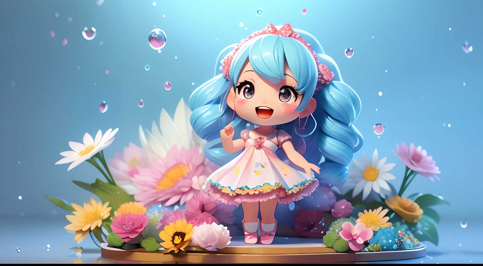 photoRealstic、Doll standing in front of the painting、swim wears、laugh face、Water droplets on the cheeks、Take an outstretched pose、Sengai、pixiv、rokoko、dollfie dream、watercolor Nendoroid、(High Definition Figure)、Flowing iridescent silk、nendroid、up of face、There are also flowers in front of the nendroids、Morning glory petals、season!!: 夏☀ 🍂 朝顔