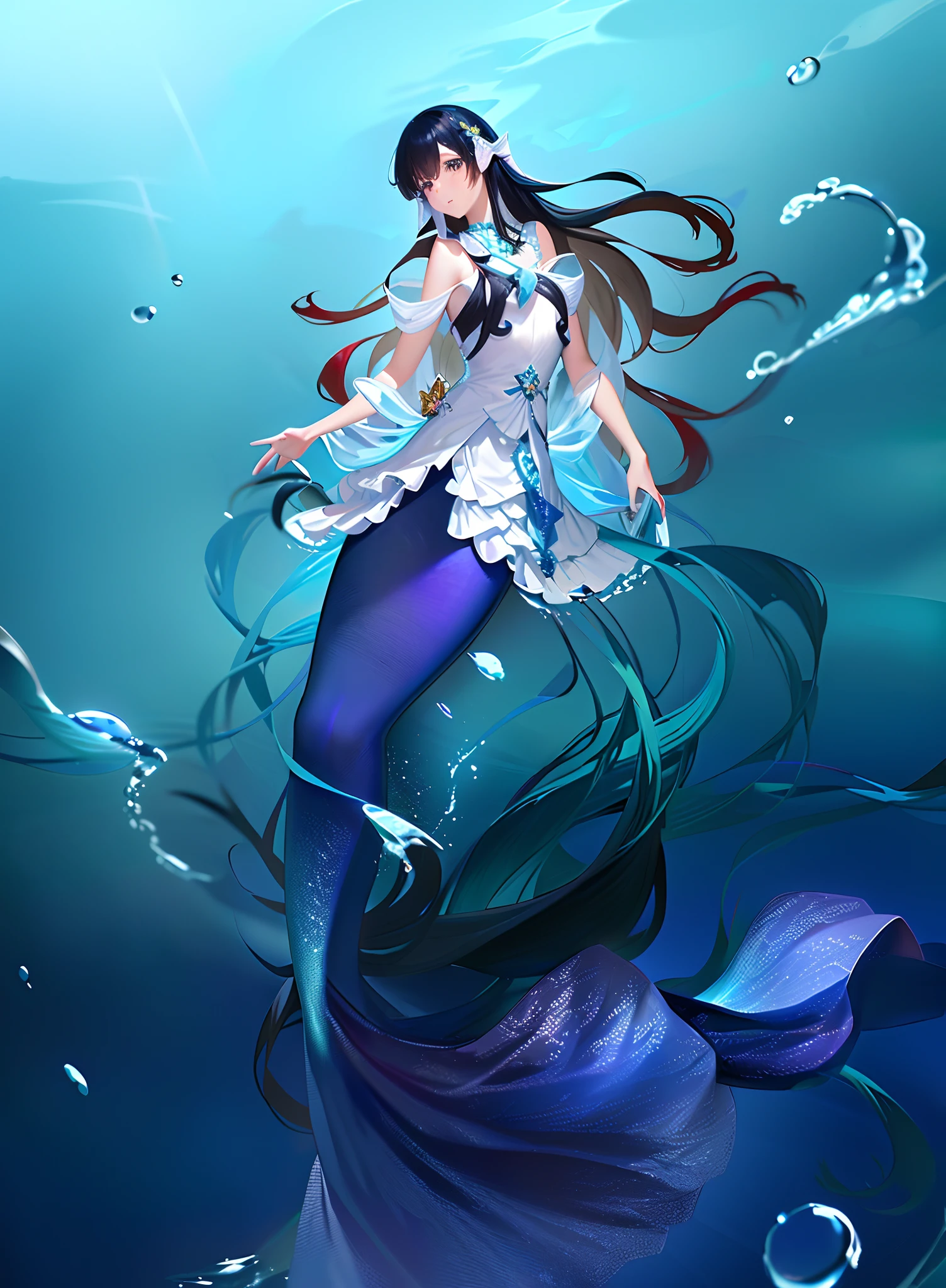 Anime mermaid with long hair and white dress floating in the ocean, beautiful mermaid, Goddess of the sea, wallpaper anime blue water, Goddess of the sea, By Yuumei, Asian Woman Water Elemental, Digital art on Pixiv