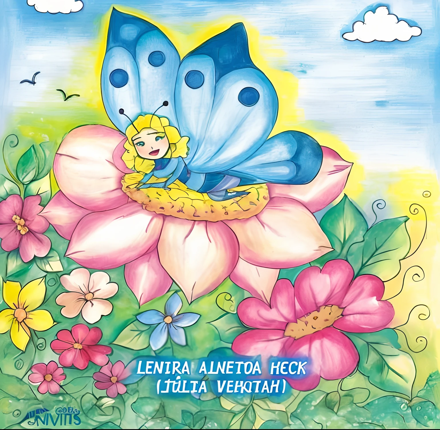Butterfly on a flower with the face of a child in the center, childrens illustrated storybook, vista ampla, colorful kids book illustration, full-colour illustration, illustration of children's books, illustration of children's book, illustration of children's books, illustration for children's book, childrens\desenho do livro, story book illustration, illustration of children's book, Directed by: Un'ichi Hiratsuka, storybook illustration