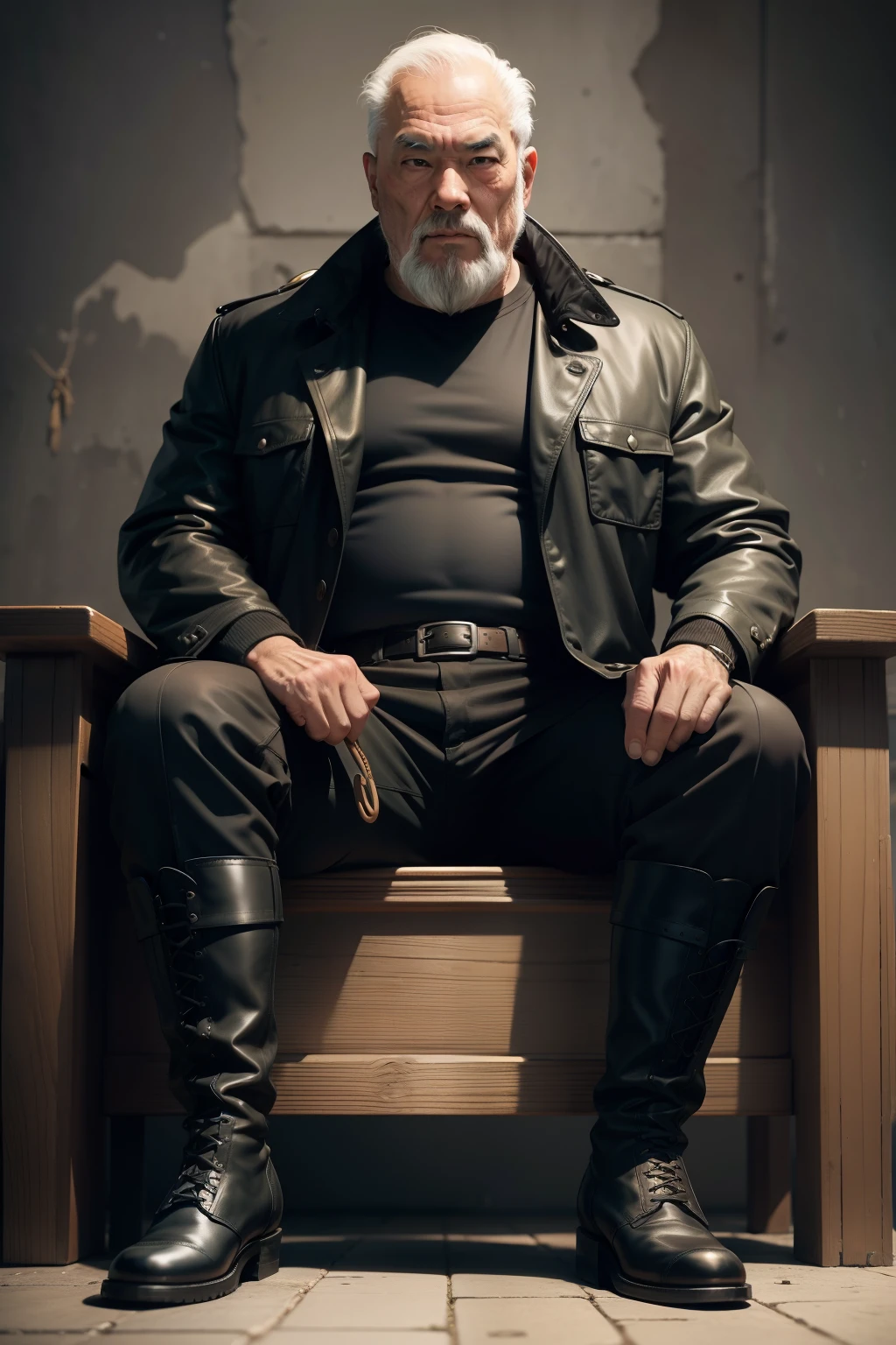 65-year-old middle-aged man，Man，grampa，Height 195，Asian people，seated on a throne，God perspective，The eyes are about to face each other，Chinese men，musculature，Lift one foot，Wears a long black trench coat，Black socks，Black tall riding boots，Wear riding boots，wearing military shoes，Black riding boots，Ferocious and ferocious，Prison background，Rope in hand