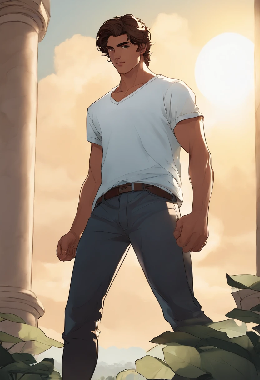 A 20 year old man with dark brown hair and icy blue eyes stands in a sunbeam, his silhouette athletic and strong, his face illuminated by the sun, his strong jaw and dark edges highlighted, and a stumble in his step, wearing a white t-shirt and an open dark shirt, his expression determined and powerful.A 20 year old man with dark brown hair, icy blue eyes, and an athletic silhouette stands in a sunbeam, wearing a white t-shirt and an open dark shirt, with a face of strong edges and a strong jaw, slightly stumbling.