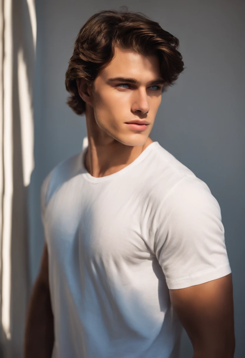 A 20 year old man with dark brown hair and icy blue eyes stands in a sunbeam, his silhouette athletic and strong, his face illuminated by the sun, his strong jaw and dark edges highlighted, and a stumble in his step, wearing a white t-shirt and an open dark shirt, his expression determined and powerful.A 20 year old man with dark brown hair, icy blue eyes, and an athletic silhouette stands in a sunbeam, wearing a white t-shirt and an open dark shirt, with a face of strong edges and a strong jaw, slightly stumbling.