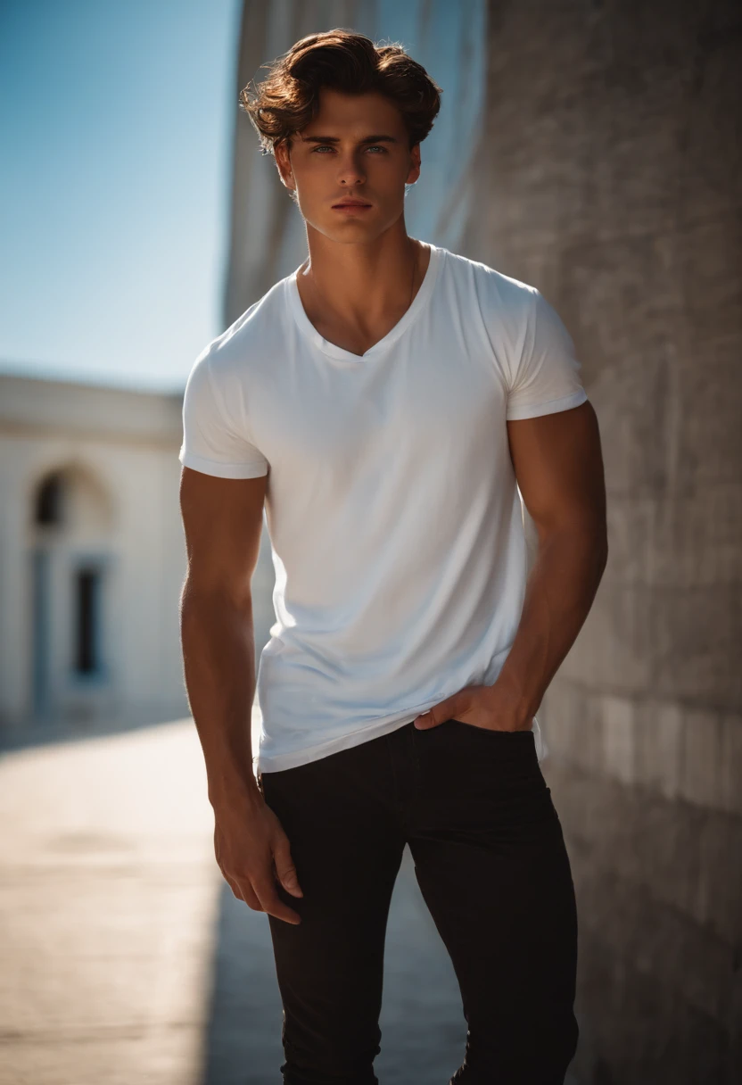 A 20 year old man with dark brown hair and icy blue eyes stands in a sunbeam, his silhouette athletic and strong, his face illuminated by the sun, his strong jaw and dark edges highlighted, and a stumble in his step, wearing a white t-shirt and an open dark shirt, his expression determined and powerful.A 20 year old man with dark brown hair, icy blue eyes, and an athletic silhouette stands in a sunbeam, wearing a white t-shirt and an open dark shirt, with a face of strong edges and a strong jaw, slightly stumbling.