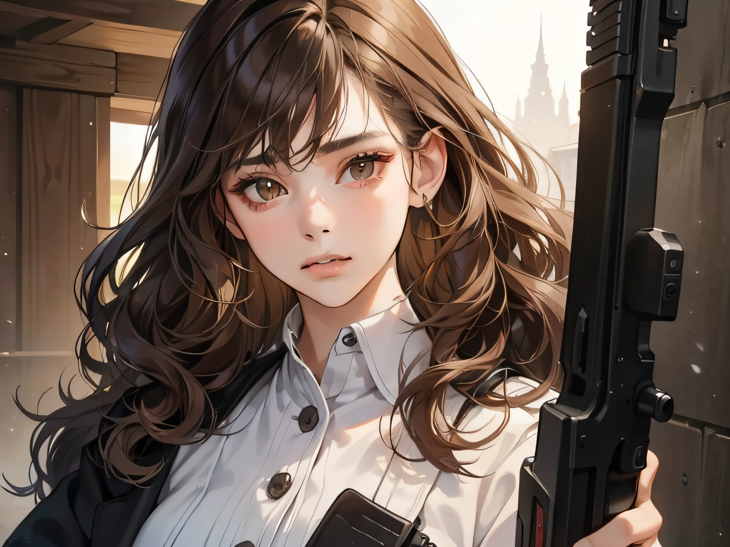 Masterpiece, best quality, realistic, 1woman, quiet, calm and pretty young woman, ************, ((close mouth)), extremely detailed, a little distance, ((dark brown eyes)), ((wavy with bang brunette hair)), holding handgun, 4K