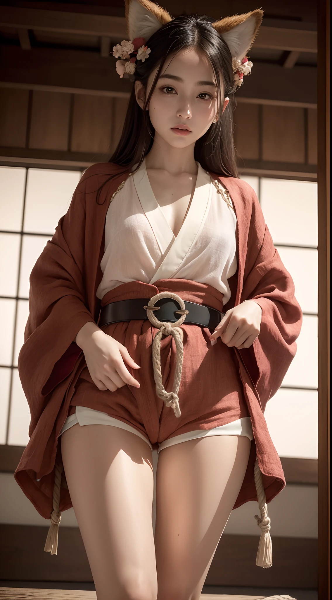 Manwa,dynamic pose, 1girl,pale skin,delicate face,long hair,fox ears,moles,intricate details,(rugged kimono:1.2,rope belt,red linen shorts with open sides:1.3),small waist,(wide thigh gap:1.3,thick thighs:1.3),white background,(best quality:1.2,ultra-detailed,realistic:1.37),portrait,soft colors,polished lighting