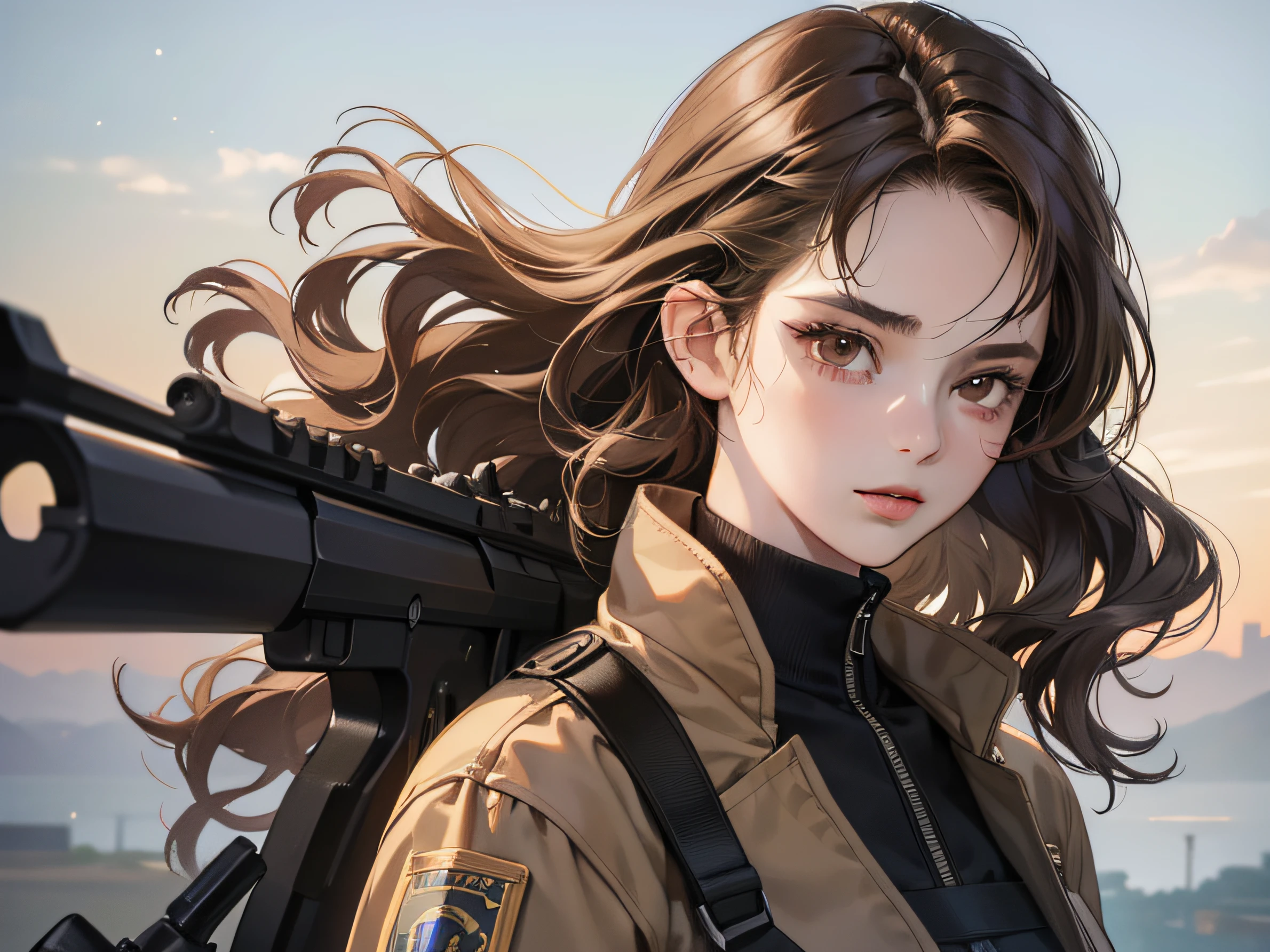 Masterpiece, best quality, realistic, 1woman, quiet, calm and pretty young woman, 16 years old, ((close mouth)), extremely detailed, a little distance, ((dark brown eyes)), ((wavy with bang brunette hair)), with gun, 4K