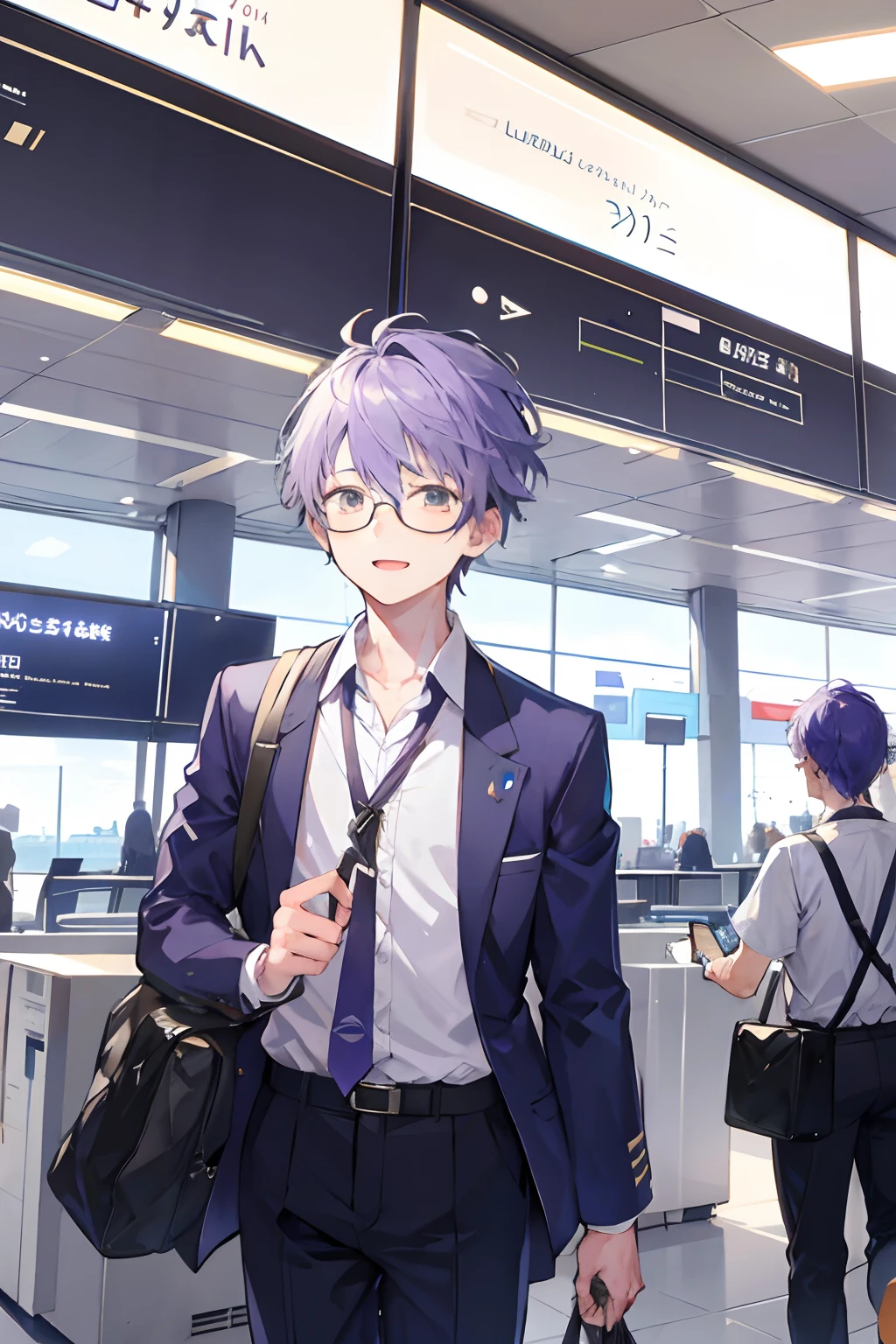 1boy,excited,pilot,lavender hair,glasses,airport,holding bag