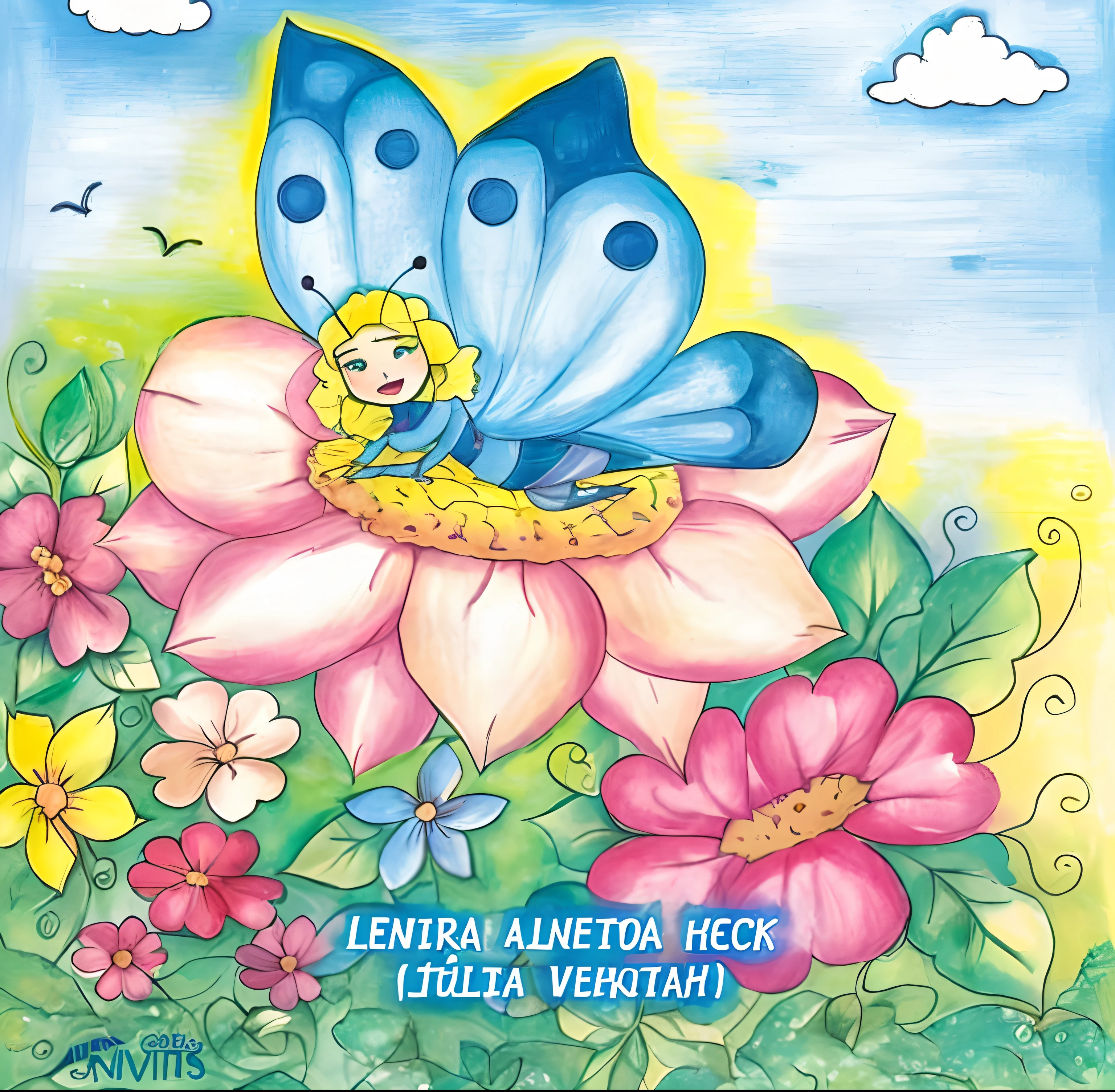 Butterfly on a flower with the face of a child in the center, childrens illustrated storybook, vista ampla, colorful kids book illustration, full-colour illustration, illustration of children's books, illustration of children's book, illustration of children's books, illustration for children's book, childrens\desenho do livro, story book illustration, illustration of children's book, Directed by: Un'ichi Hiratsuka, storybook illustration