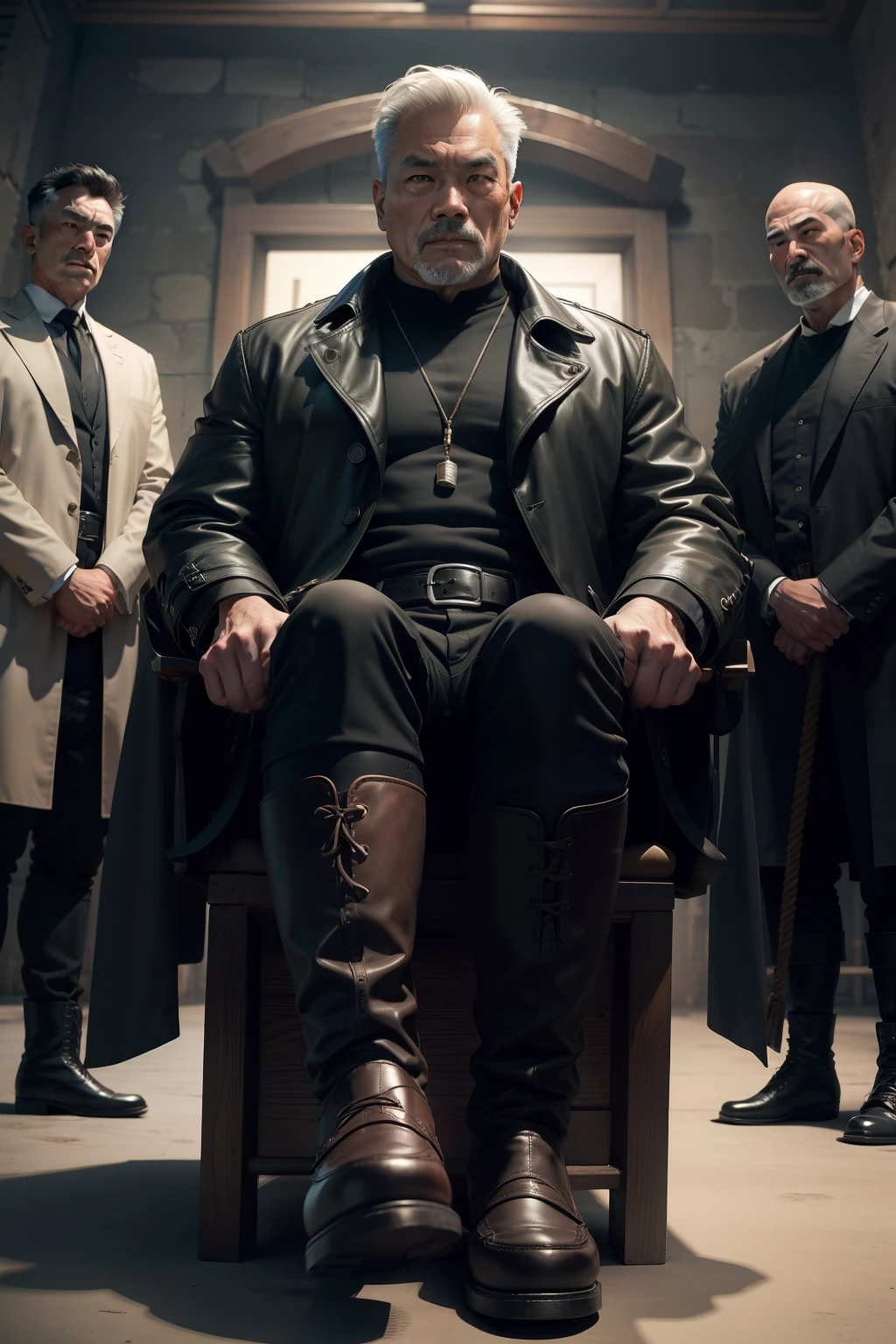 65-year-old middle-aged man，Man，uncles，Height 195，Asian people，seated on a throne，God perspective，The eyes are about to face each other，Chinese men，musculature，Lift one foot，Wears a long black trench coat，Black socks，Black tall riding boots，Wear riding boots，wearing military shoes，Black riding boots，Ferocious and ferocious，Prison background，Rope in hand