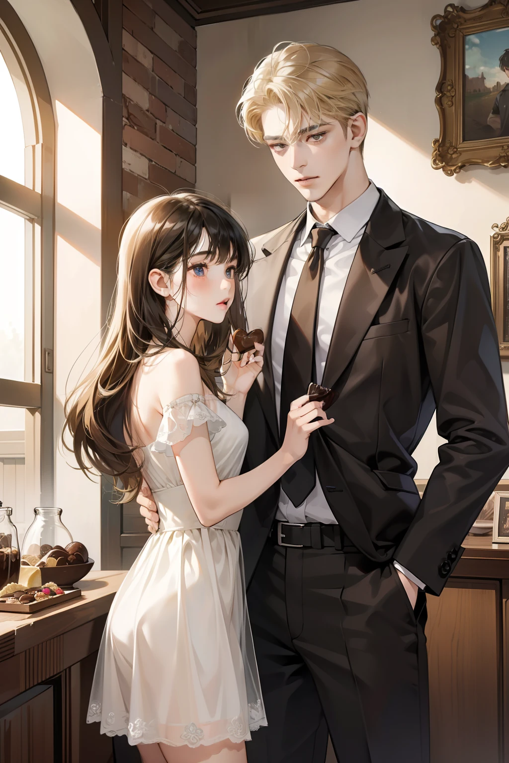 Masterpiece, best quality, 1 boy and 1 girl, short blonde hair, long wavy black bang hair, ((boy give girl the chocolate)), boy is taller, 18 year old, girl is brunette.