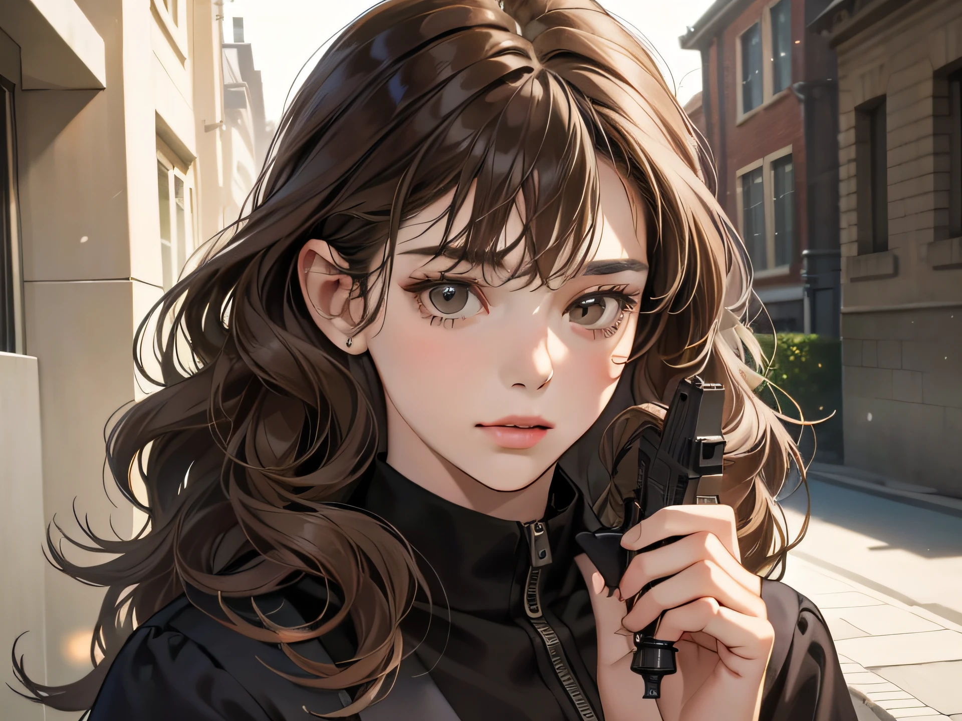 Masterpiece, best quality, realistic, 1woman, quiet, calm and pretty young woman, 16 years old, ((close mouth)), extremely detailed, a little distance, ((dark brown eyes)), ((wavy with bang brunette hair)), holding handgun, 4K