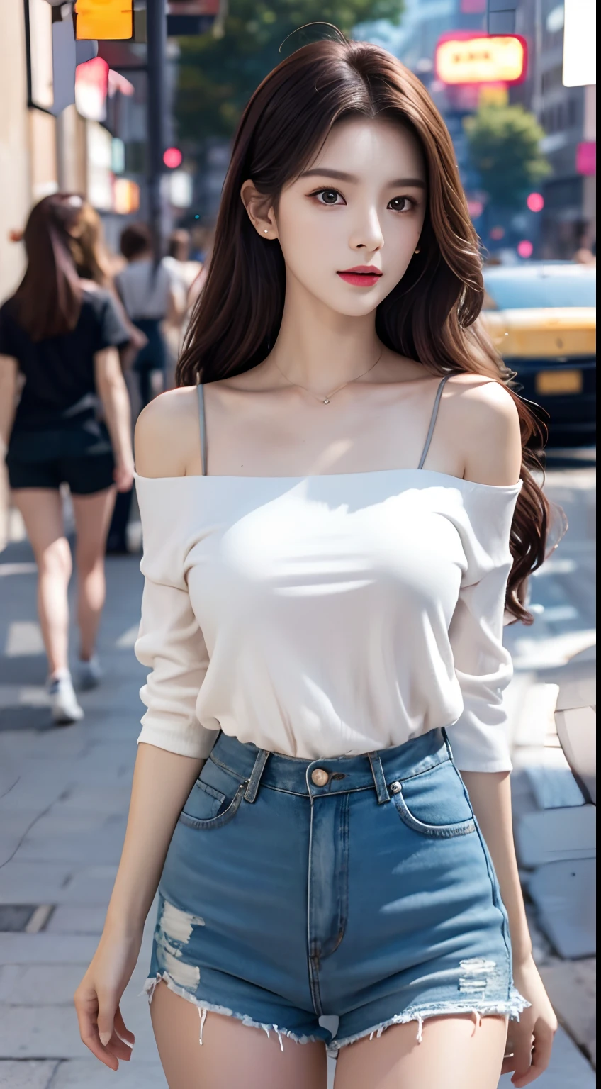 Urban Beautiful Girl College Student,tmasterpiece,Light makeup,Redlip,Silvery hair,Messy long hair,streets background,gracefulness,Elegance。ultra fine detailed,Works of masters,Authentic texture,Cinematic lighting realism,perfect works,8K,k hd,Delicate facial features,White tight open-cut top,Clear white skinny shorts,Slim figure,Big bright eyes,Smooth skin,
