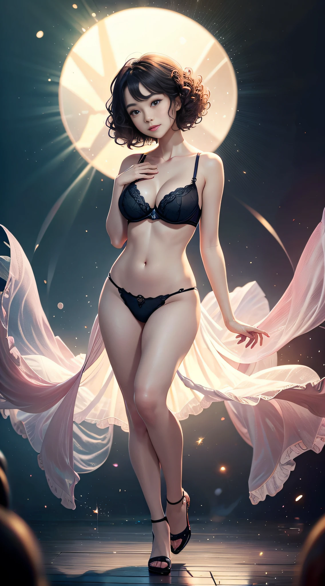 Full body portrait of a beautiful Chinese girl，Pure desire，Delicate pink five-slip bra，exquisite collarbone，perfect bodies，Big eyes cute girl，Gentle eyes，Cute little round face，Short black hair and curly hair（2），facing to audience，ssmile，Redlip，Cute large dimples on cheeks（2），Blushing face，sitted，full body shot shot，rays of sunshine，Ambient light，The illustrations are super detailed，8k wallpaper，best qualtiy，A masterpiece --auto