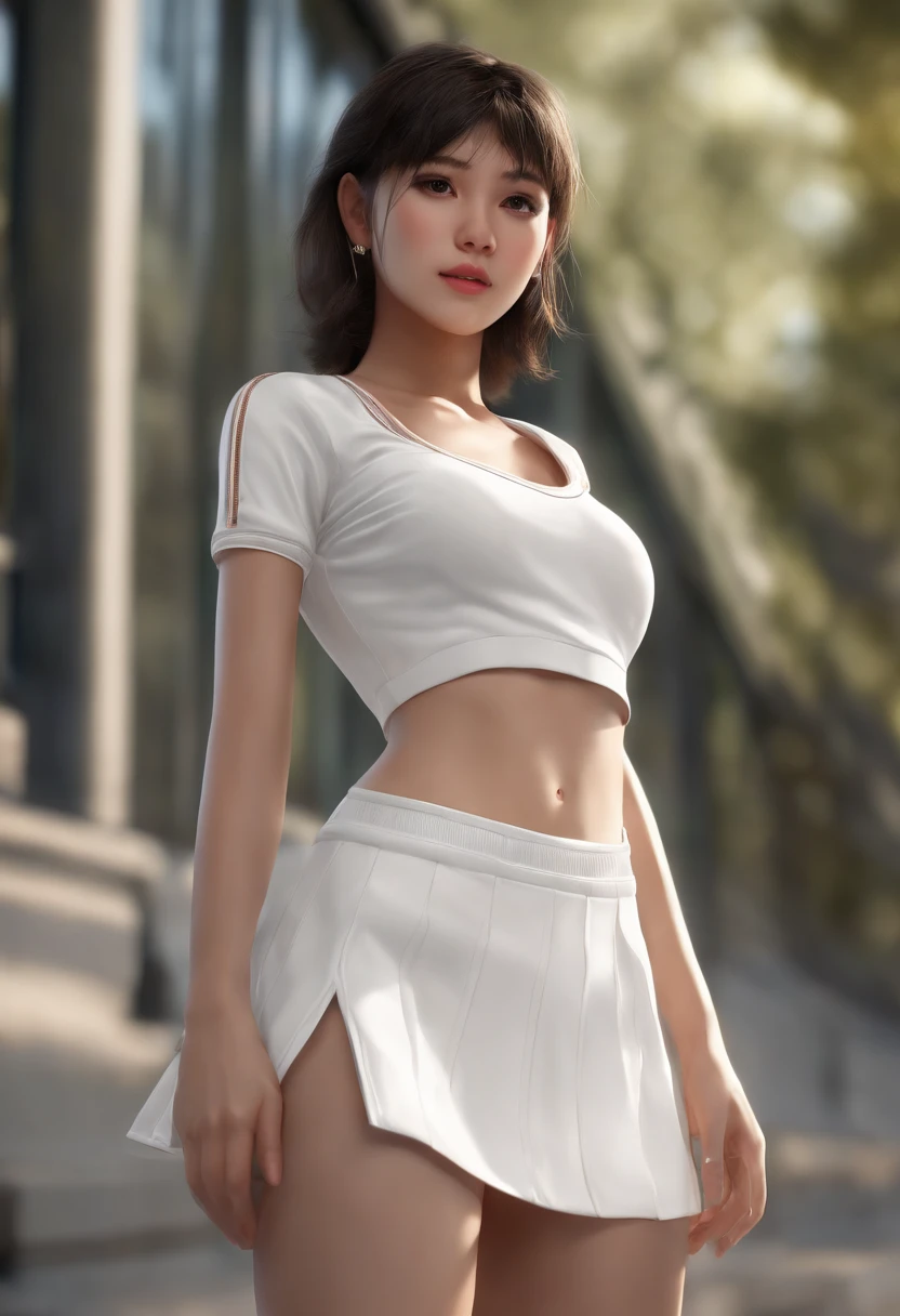 1girl, solo, white polo shirt, white sneakers, tennis wear, white miniskirt, masterpiece, best quality, realistic, hyper-detailed, (shiny skin, sweaty:1.4), absurd, looking at viewer, short black hair, brown eyes, slender, dynamic lighting, high resolution, sharp focus, depth of field, detailed eyes, sharp pupils, realistic pupils, (small breasts:1.6), (thick thighs:1.0), outdoor, sky