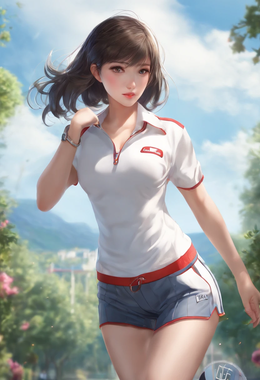 1girl, solo, white polo shirt, white sneakers, tennis wear, white miniskirt, masterpiece, best quality, realistic, hyper-detailed, (shiny skin, sweaty:1.4), absurd, looking at viewer, short black hair, brown eyes, slender, dynamic lighting, high resolution, sharp focus, depth of field, detailed eyes, sharp pupils, realistic pupils, (small breasts:1.6), (thick thighs:1.0), outdoor, sky