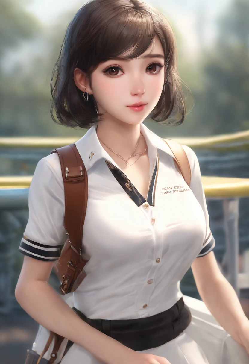 1girl, solo, white polo shirt, white sneakers, tennis wear, white miniskirt, masterpiece, best quality, realistic, hyper-detailed, (shiny skin, sweaty:1.4), absurd, looking at viewer, short black hair, brown eyes, slender, dynamic lighting, high resolution, sharp focus, depth of field, detailed eyes, sharp pupils, realistic pupils, (small breasts:1.6), (thick thighs:1.0), outdoor, sky