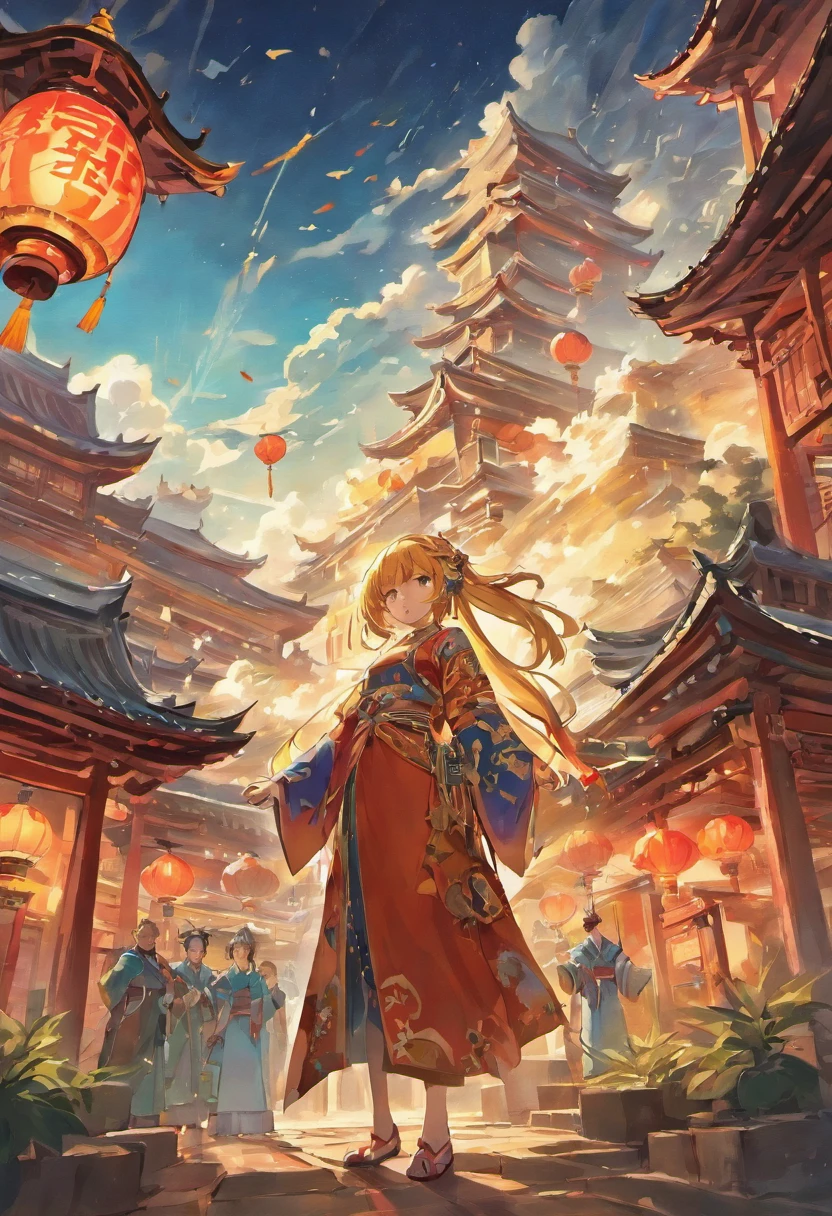 Chinese painting, ancient Chinese background, mountains, rivers, auspicious clouds, pavilions, sunshine, masterpieces, super detail, epic composition, ultra HD, high quality, extremely detailed, official art, unified 8k wallpaper, Super detail, 32k -- v 6