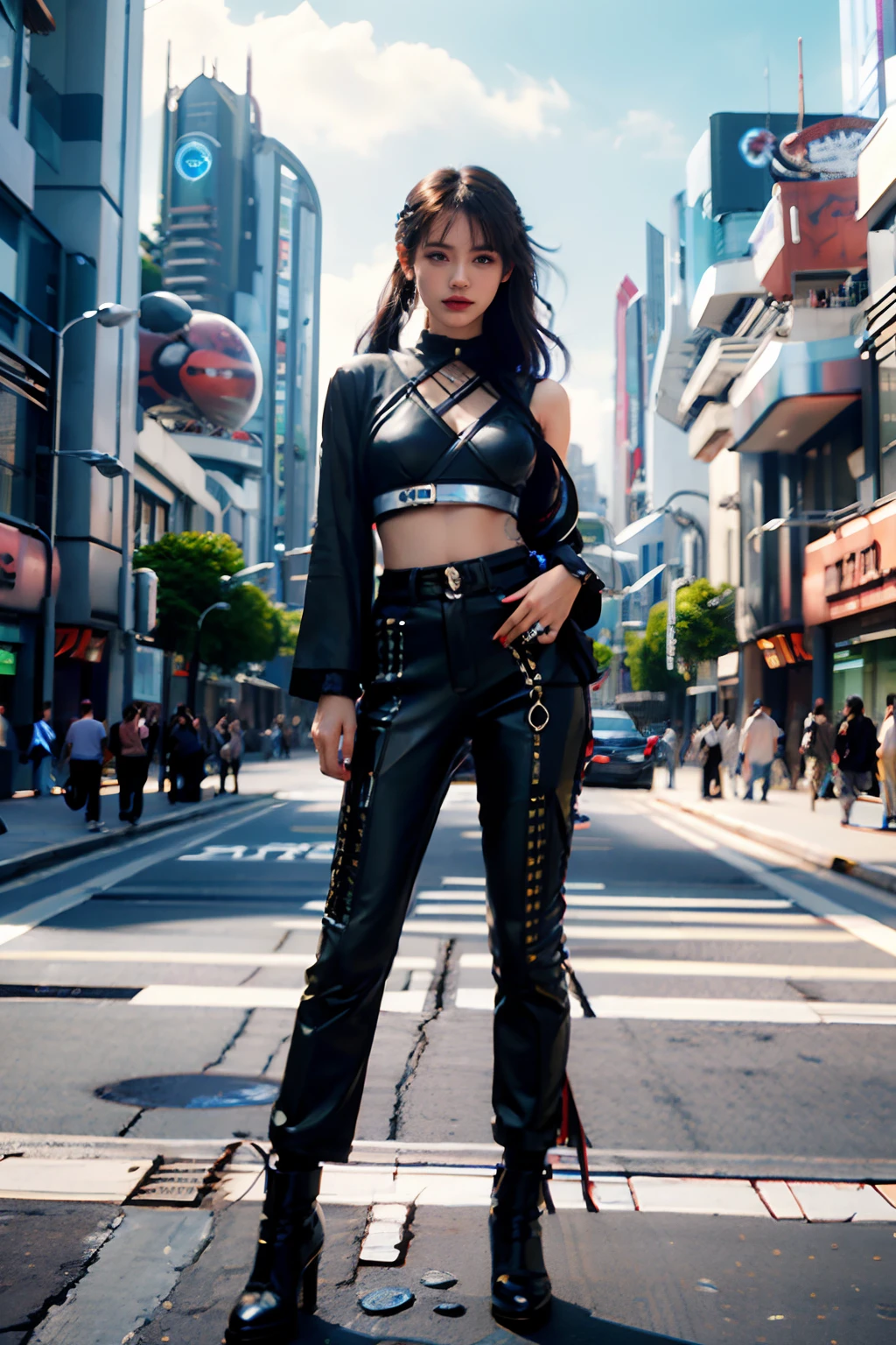 Masterpiece, Best picture quality, 8K high-definition,Famous cyberpunk girl in Harajuku-style trousers cyberpunk costume, which stands on the street, Bold colors and patterns, Eye-catching accessories, Trendy and innovative hairstyle, Dazzling cyberpunk cityscape, skyscrapper, Bright color scheme,, full of lights,illustration, Detailed skin texture, Detailed cloth texture, Beautiful detailed face, Intricate details, Ultra detailed, Cinematic lighting, Full body photo in bright tones