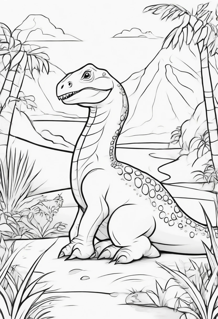 Draw a cute dinosaur, Coloring Page, line art, for kid, out line, easy to color, style pixar, Black or white, bold lines --v5