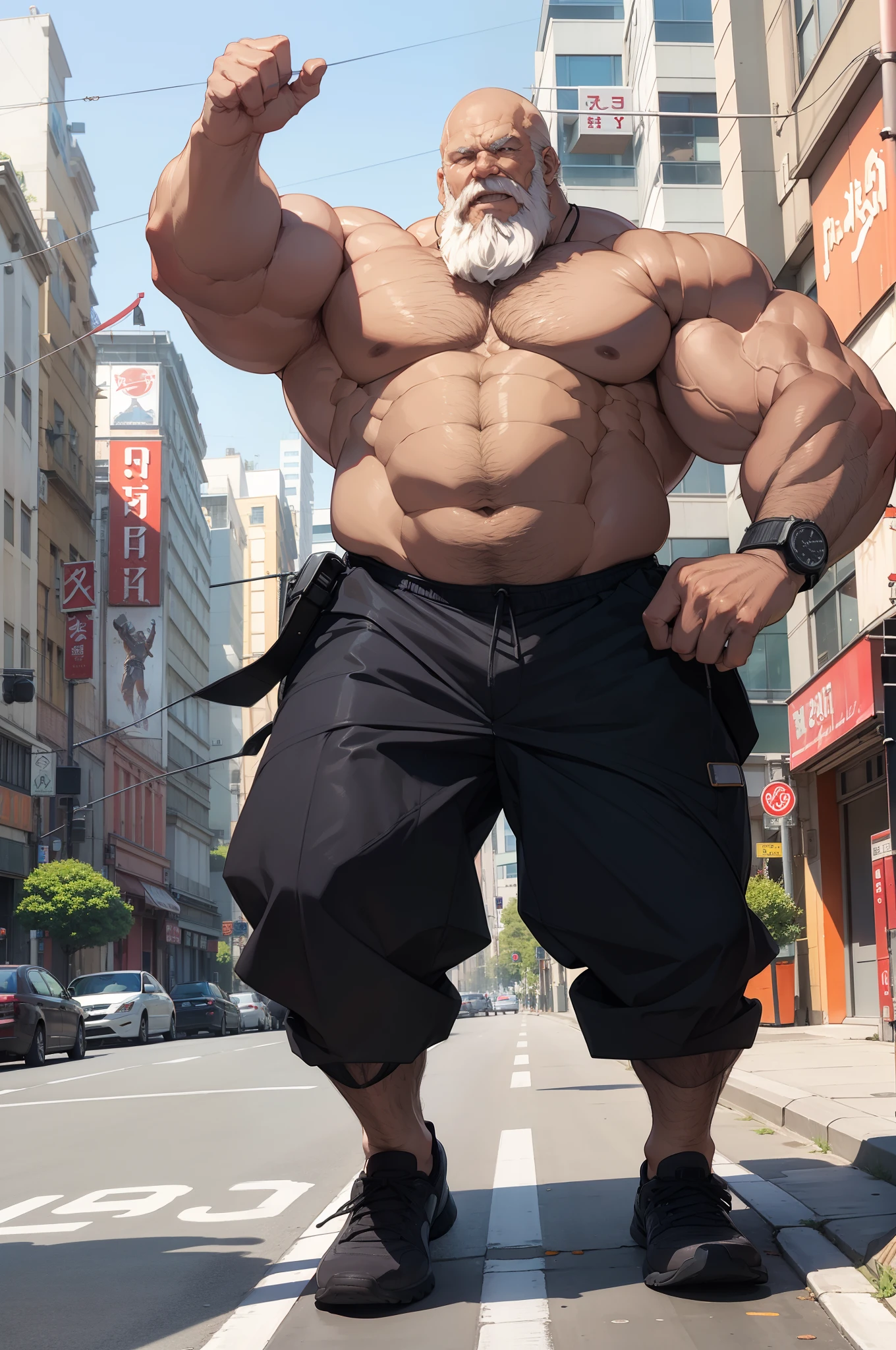 ((solo, 1boy)), (A strong and muscular old man standing confidently on a urban city),