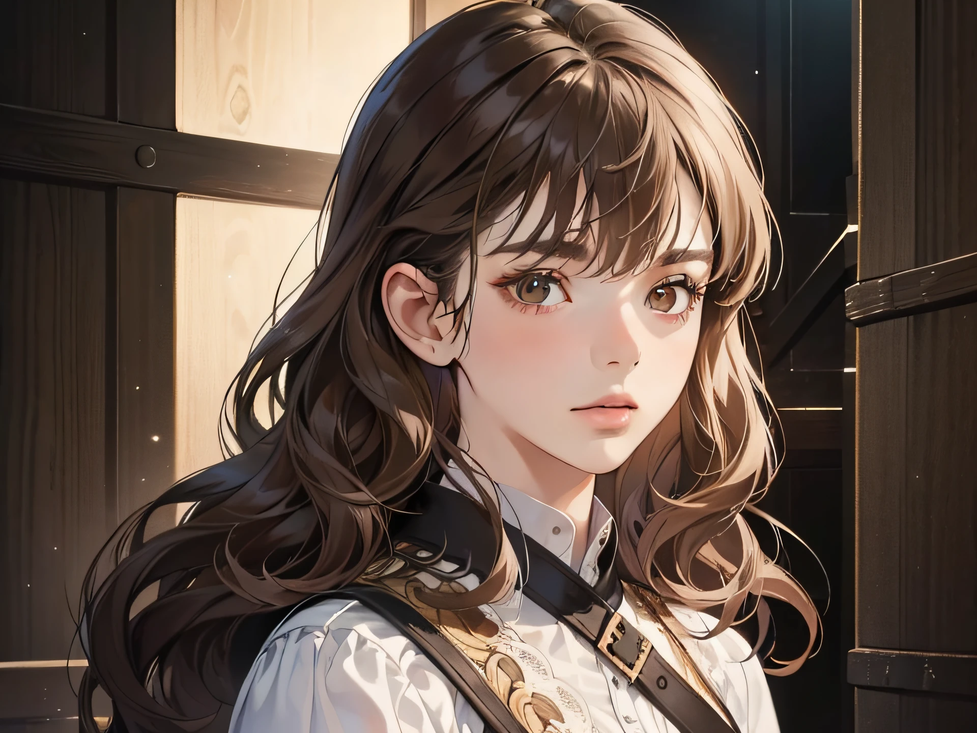 Masterpiece, best quality, realistic, 1woman, quiet, calm and pretty young woman, , ((close mouth)), extremely detailed, a little distance, ((dark brown eyes)), ((wavy with bang brunette hair)), with gun, 4K