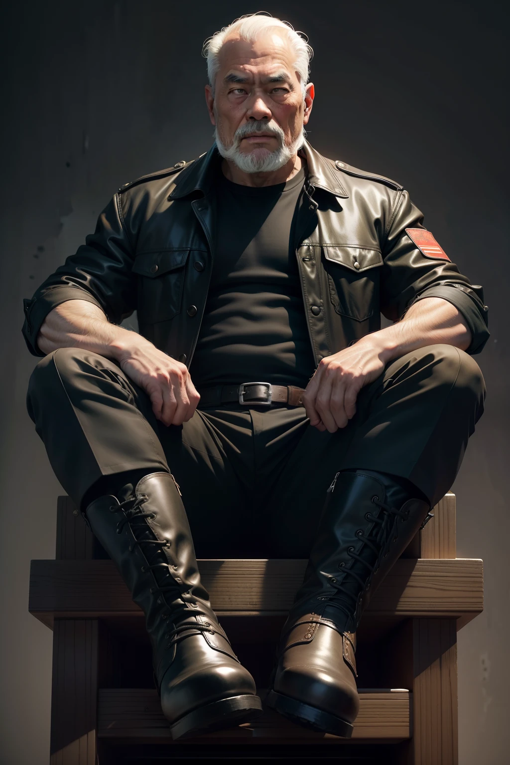 75-year-old middle-aged man，Man，uncles，Height 195，Asian people，seated on a throne，God perspective，The eyes are about to face each other，Chinese men，musculature，Lift one foot，Wears a long black trench coat，Black socks，Black tall riding boots，Wear riding boots，wearing military shoes，Black riding boots，Ferocious and ferocious，Prison background，Rope in hand