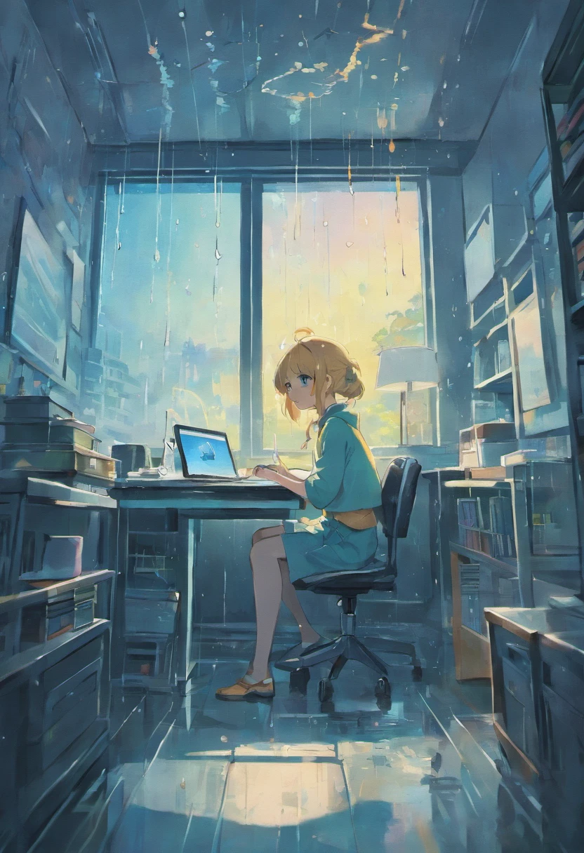 In the room, a desk facing the window, raining outside, close-up(Raindrops on the windows)Stay (The detailed girl was lying on her desk) Looking outside, listening to the rain, a few books on the table, a few sticky notes on the wall ( There is a crystal lamp on the ceiling, which is brightly lit )
Sharp focus, illustration, Cinematic lighting