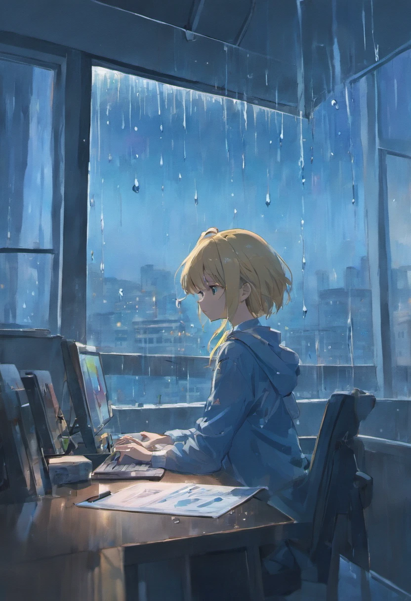 In the room, a desk facing the window, raining outside, close-up(Raindrops on the windows)Stay (The detailed girl was lying on her desk) Looking outside, listening to the rain, a few books on the table, a few sticky notes on the wall ( There is a crystal lamp on the ceiling, which is brightly lit )
Sharp focus, illustration, Cinematic lighting