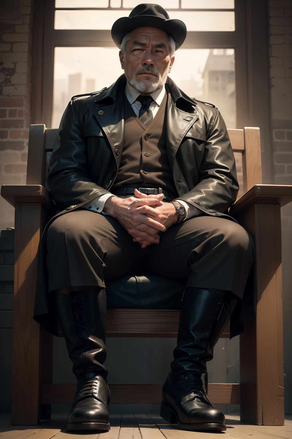 75-year-old middle-aged man,Man,uncles,Height 195,Asian people,seated on a throne,God perspective,The eyes are about to face each other,Chinese men,musculature,Lift one foot,Wears a long black trench coat,Black socks,Black tall riding boots,Wear riding boots,wearing military shoes,Black riding boots,Ferocious and ferocious,Prison background,Rope in hand