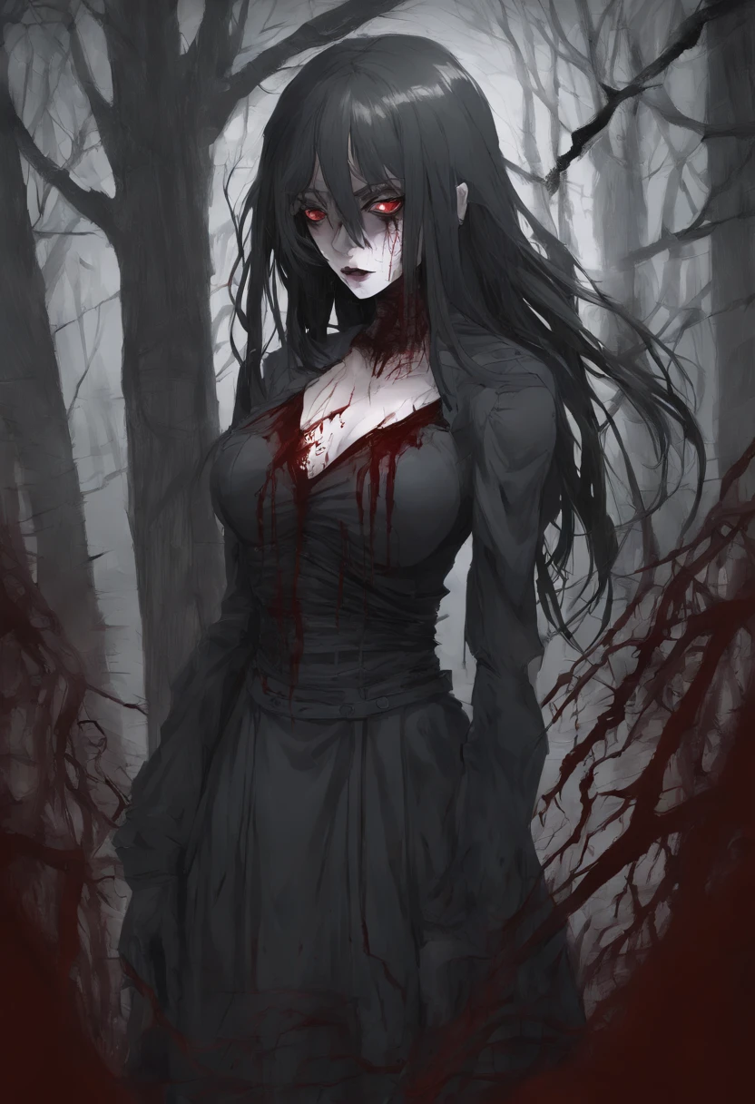 1 girl, anime, long hair, healthy skin, blood, blood on face, red eyes, medium breasts, women, standing, upper body, blushed.