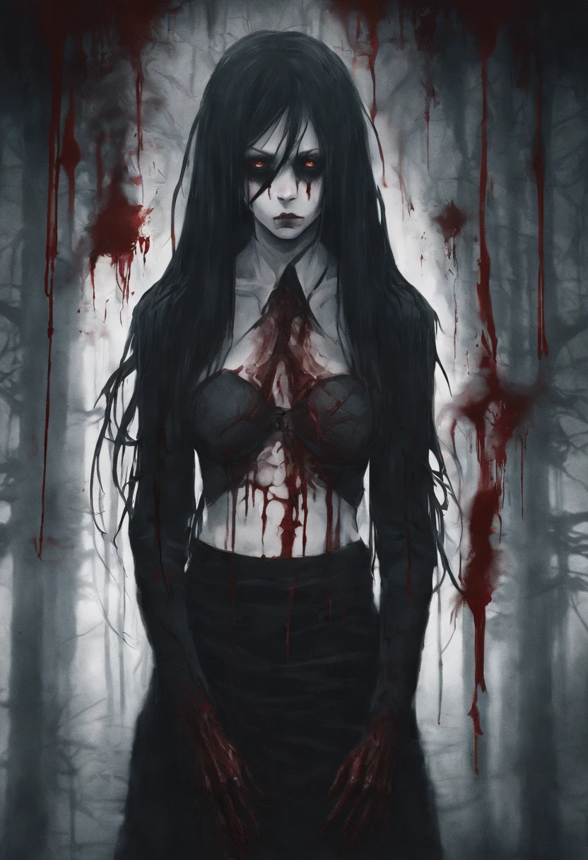 1 girl, anime, long hair, healthy skin, blood, blood on face, red eyes, medium breasts, women, standing, upper body, blushed.