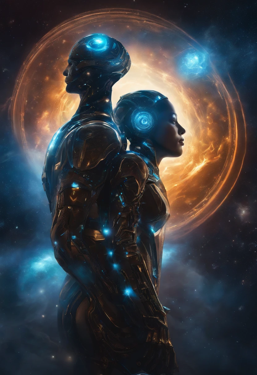 Imagine an electric blue nebula filled with psychedelic colors and pulsating plasma streams. A cyborg, half-human and half-android, floats in space, marveling at the alien technologies surrounding. illustration, dark magic splash, fantasy art, hand drawn, Accent Lighting, subtle motion effects, best quality, decorative art, low-poly, UHD, golden ratio composition, ((soft colors)), (cel-shading style)extremely saturated image (saturation 10) ink lined art, bold lines, illuminated by stars