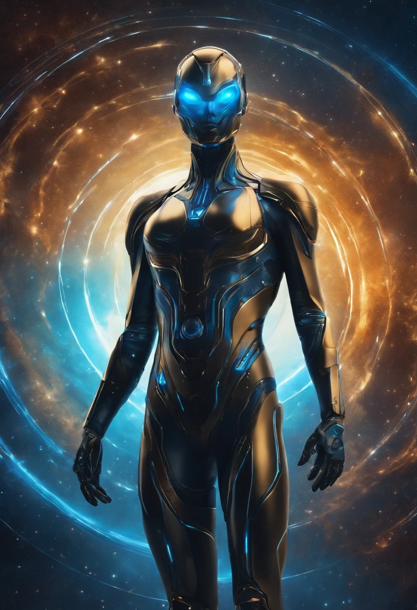 Imagine an electric blue nebula filled with psychedelic colors and pulsating plasma streams. A cyborg, half-human and half-android, floats in space, marveling at the alien technologies surrounding. illustration, dark magic splash, fantasy art, hand drawn, Accent Lighting, subtle motion effects, best quality, decorative art, low-poly, UHD, golden ratio composition, ((soft colors)), (cel-shading style)extremely saturated image (saturation 10) ink lined art, bold lines, illuminated by stars