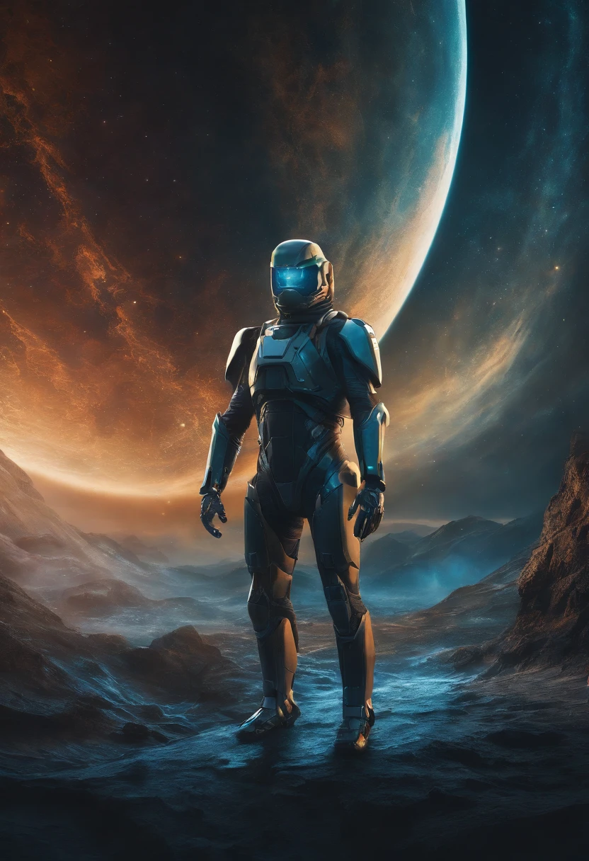 Imagine an electric blue nebula filled with psychedelic colors and pulsating plasma streams. A cyborg, half-human and half-android, floats in space, marveling at the alien technologies surrounding. illustration, dark magic splash, fantasy art, hand drawn, Accent Lighting, subtle motion effects, best quality, decorative art, low-poly, UHD, golden ratio composition, ((soft colors)), (cel-shading style)extremely saturated image (saturation 10) ink lined art, bold lines, illuminated by stars