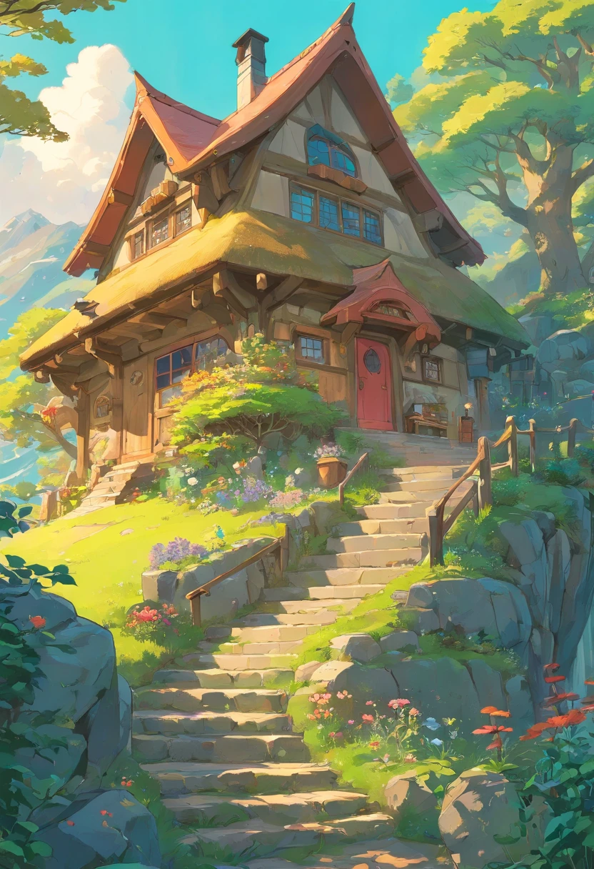 Realistic, real life, beautiful hobbit house on the hill, style of laurie greasley, studio ghibli, akira toriyama, james gilleard, genshin impact, trending pixiv fanbox, acrylic palette knife, 4k, vibrant colors, devinart, trending on artstation