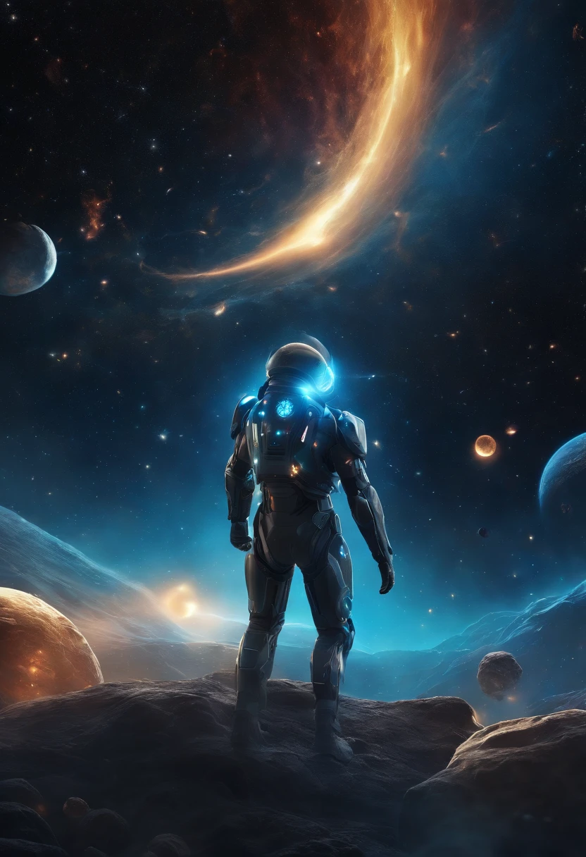Imagine an electric blue nebula filled with psychedelic colors and pulsating plasma streams. A cyborg, half-human and half-android, floats in space, marveling at the alien technologies surrounding. illustration, dark magic splash, fantasy art, hand drawn, Accent Lighting, subtle motion effects, best quality, decorative art, low-poly, UHD, golden ratio composition, ((soft colors)), (cel-shading style)extremely saturated image (saturation 10) ink lined art, bold lines, illuminated by stars